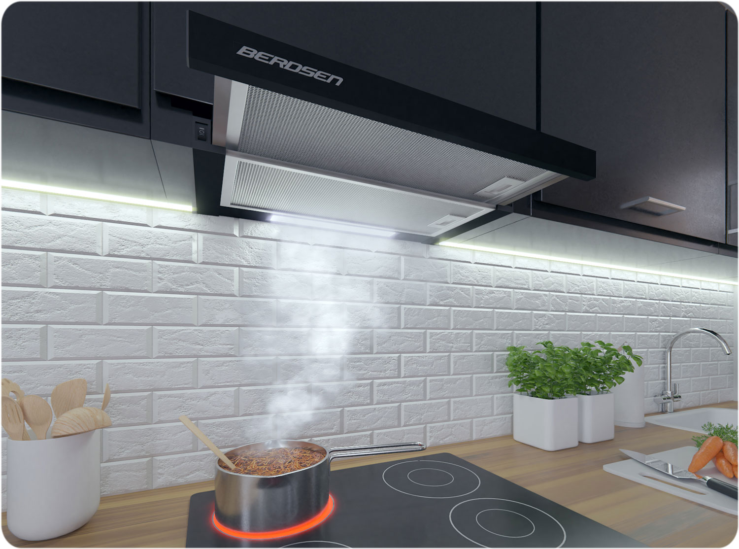 Scena kuchenna z okapem nad kuchenką. Jedzenie gotuje się na kuchence. Biała ceglana ściana w tle.