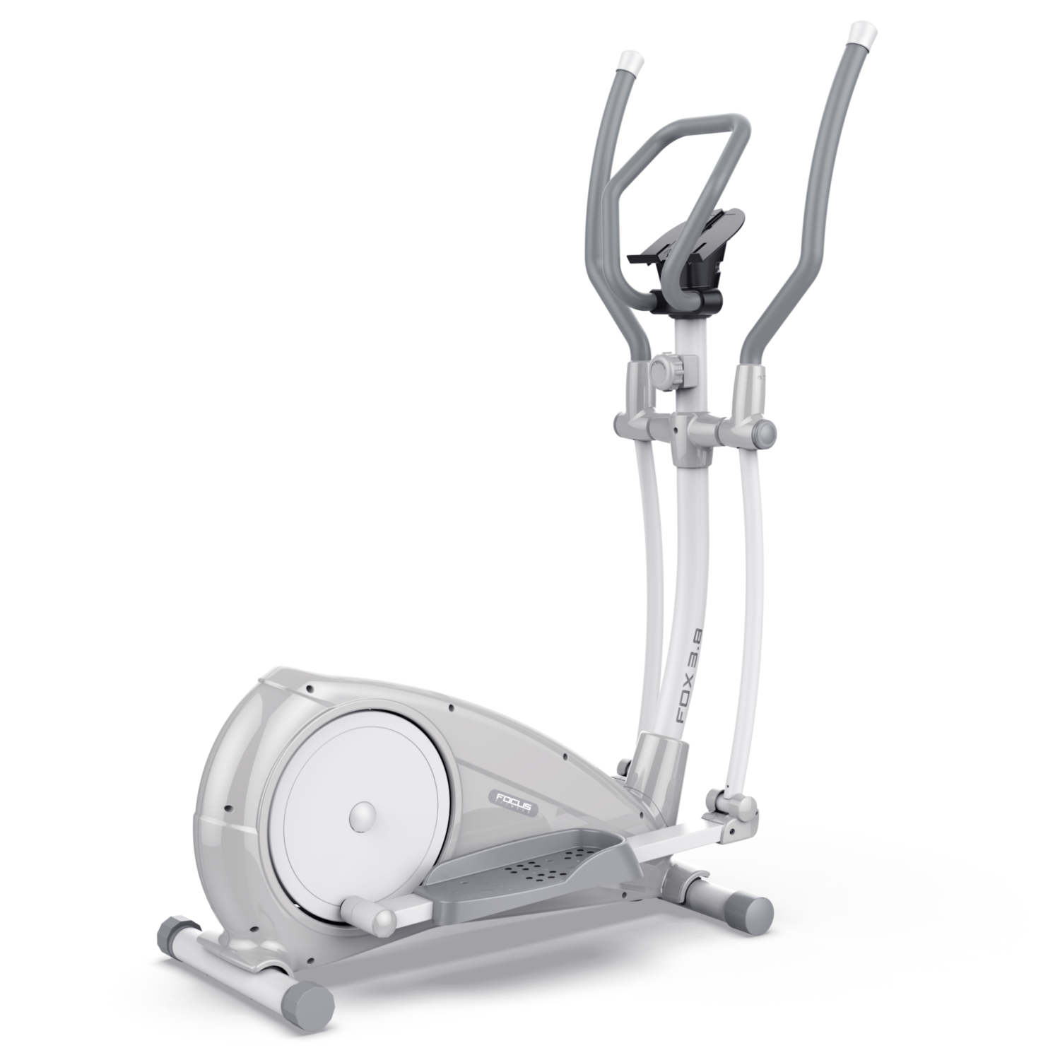 Un appareil elliptique gris et blanc. Il possède des poignées, des repose-pieds et un écran. La machine est sur fond blanc.
