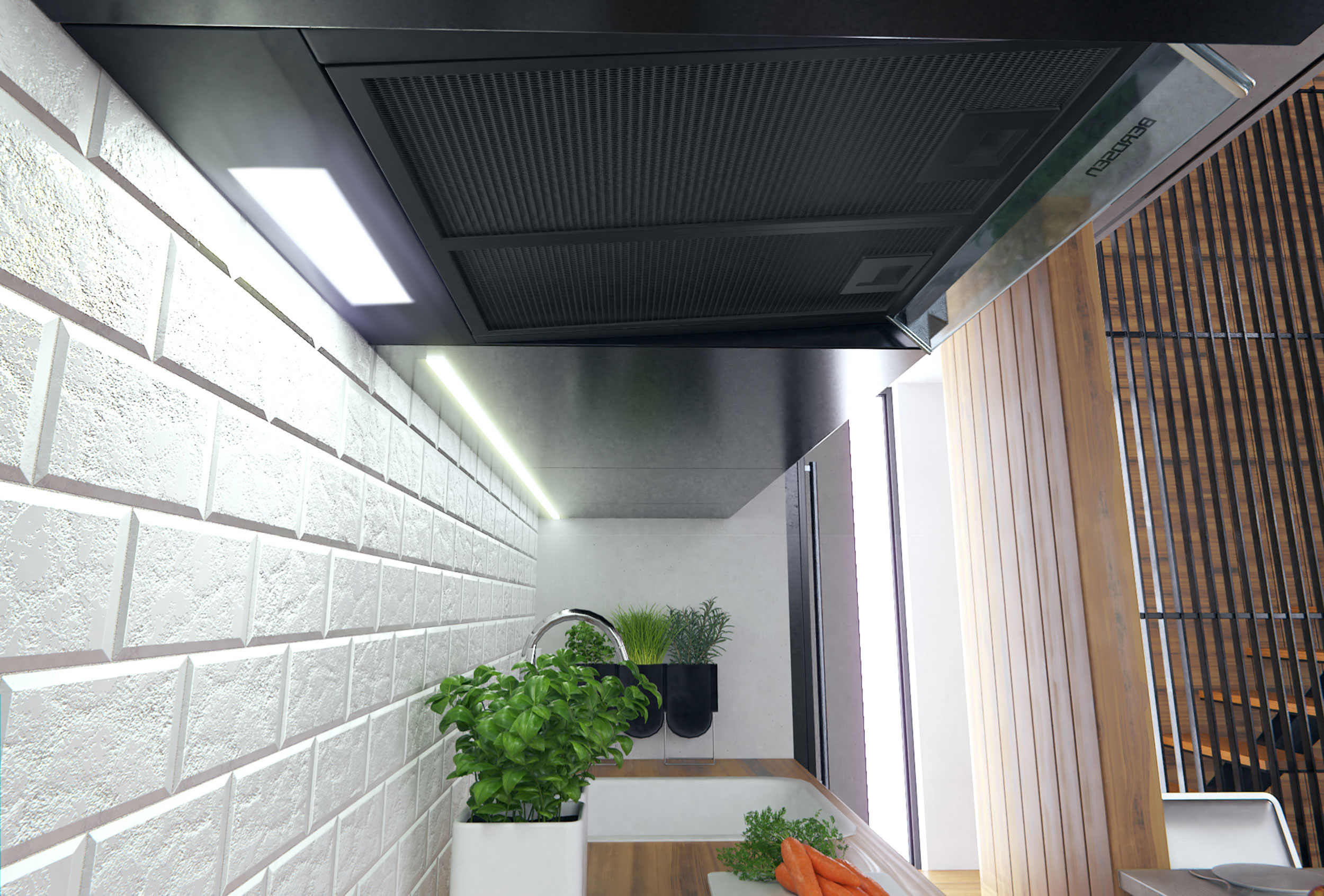 Scena kuchenna z okapem, białą ceglaną ścianą, roślinami, zlewem i drewnianymi akcentami.