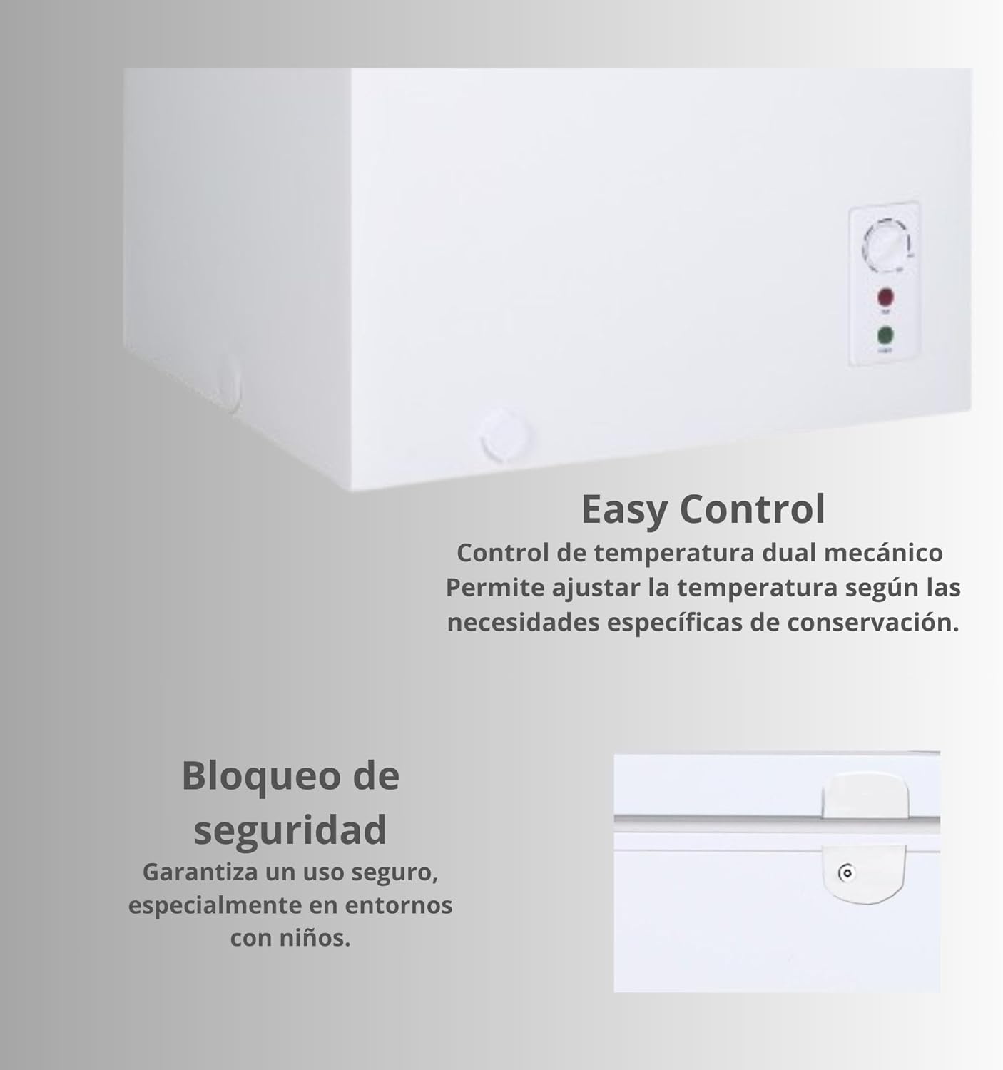 Congelador blanco con panel de control y texto. El texto menciona control fácil y bloqueo de seguridad para niños.