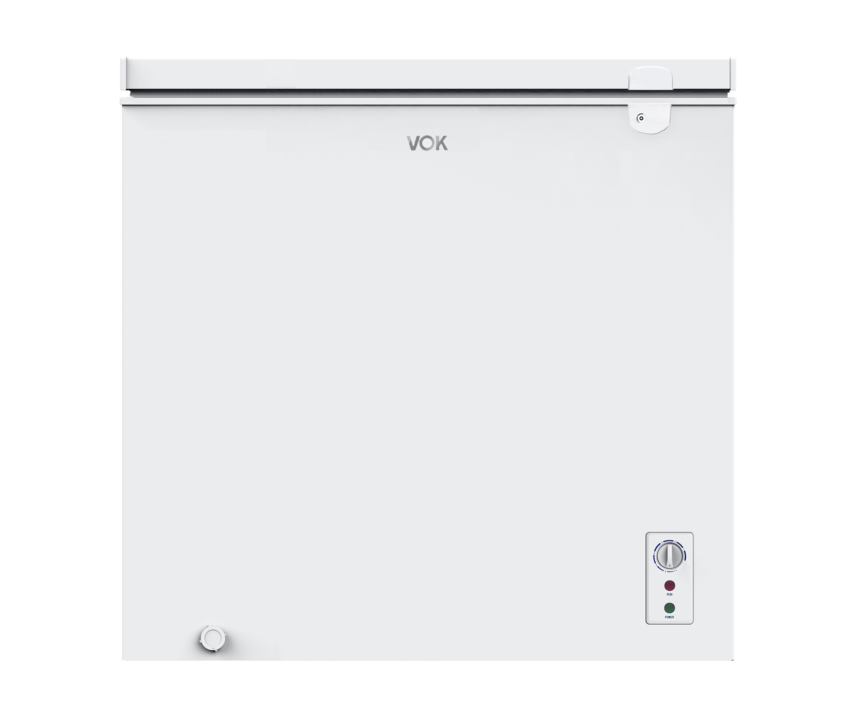 Se muestra un congelador horizontal VOK blanco. Tiene tapa, panel de control con luces y asa.
