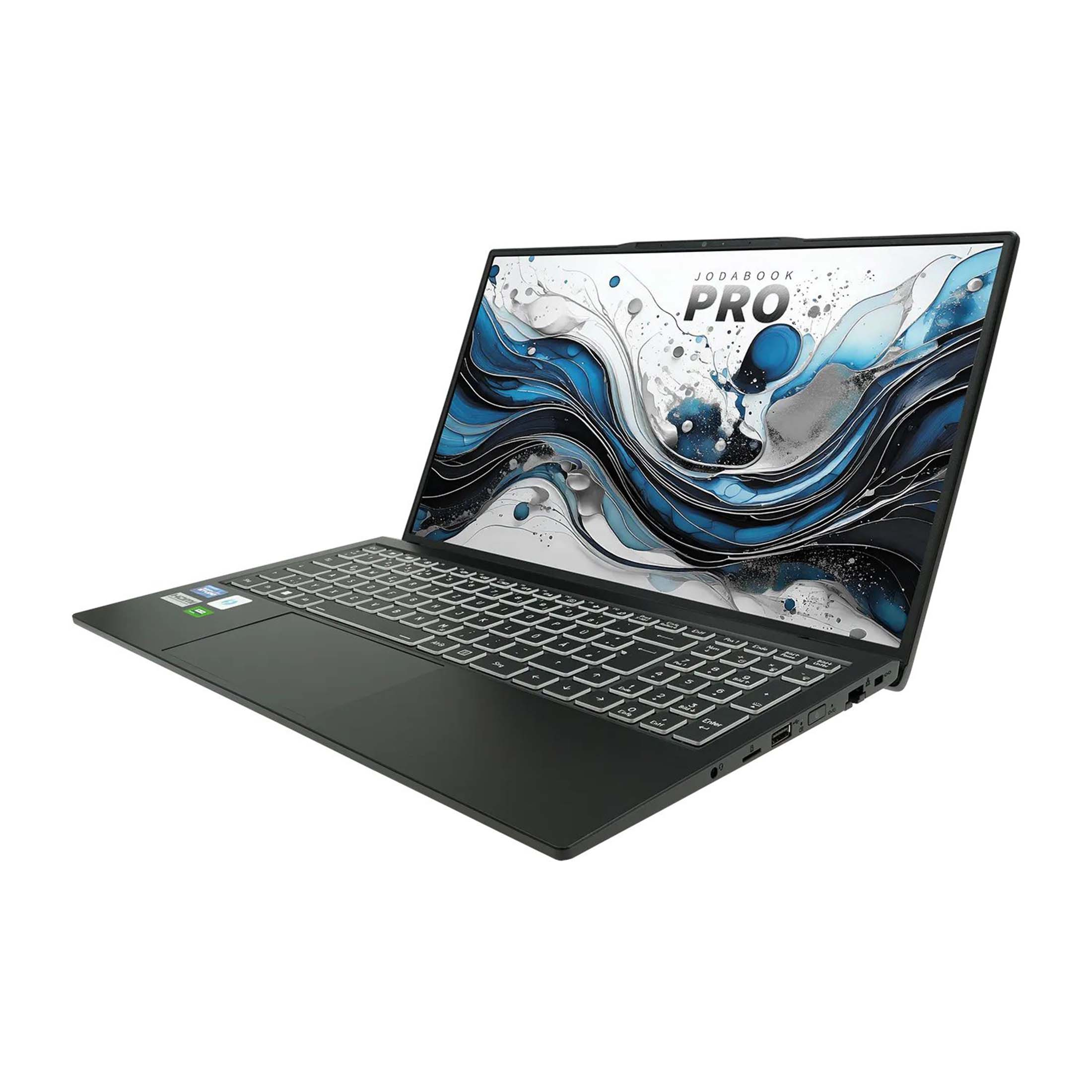 Ein schwarzer Laptop vor weißem Hintergrund. Der Bildschirm zeigt ein blaues und weißes abstraktes Design. Die Tastatur ist weiß.