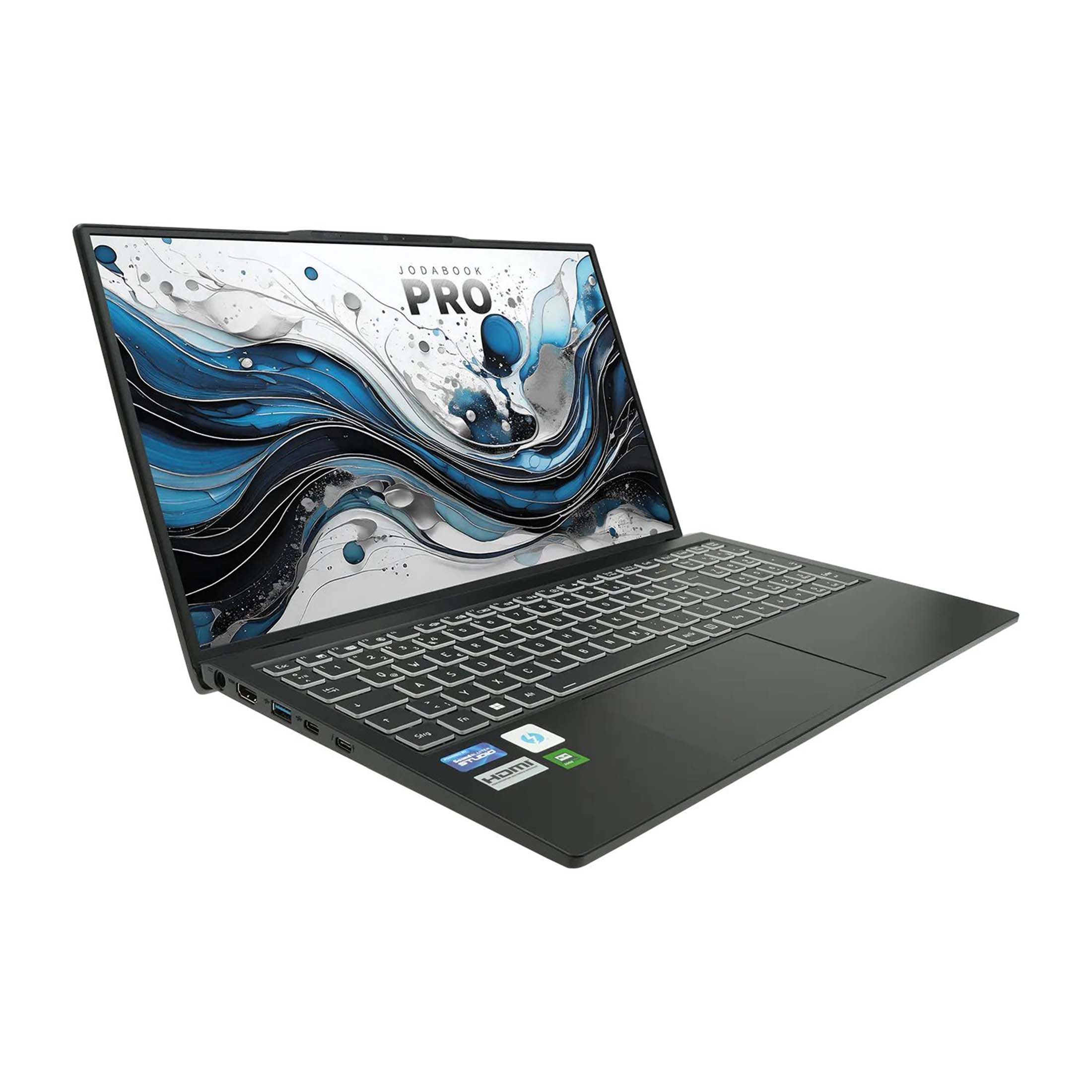 Ein schwarzer Laptop, mit dem Markennamen JODABOOK PRO, ist auf einer weißen Oberfläche geöffnet.