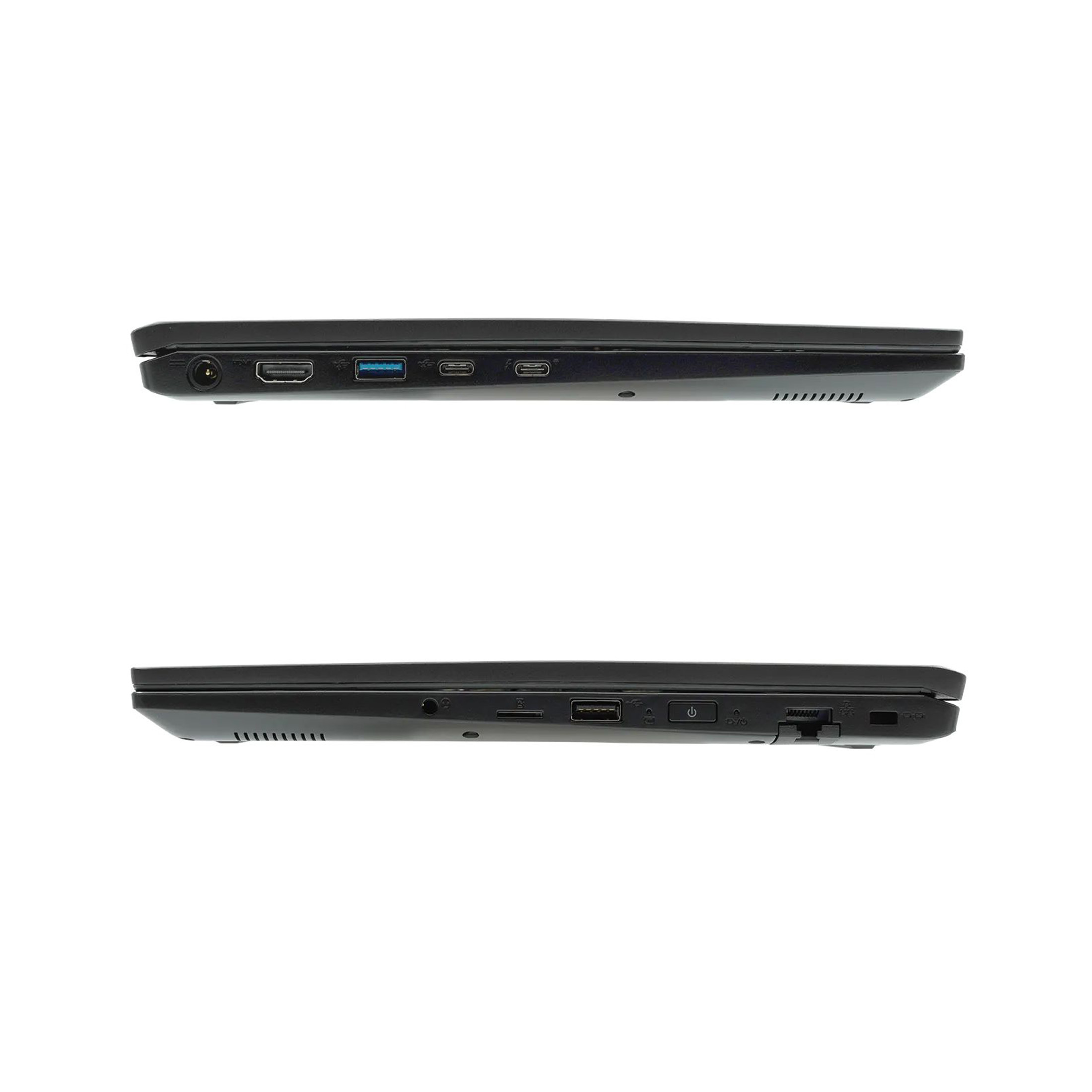 Zwei schwarze Laptops, Seitenansicht, vor weißem Hintergrund. Sichtbare Anschlüsse und Power-Buttons sind an den Seiten.