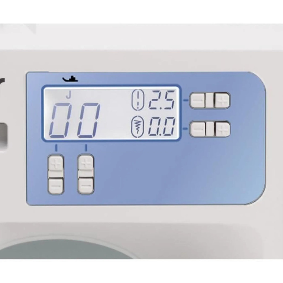 Panel sterowania maszyny do szycia wyświetla '00', '2,5' i '0,0' z przyciskami regulacji. Panel jest niebieski i otoczony białym tłem.