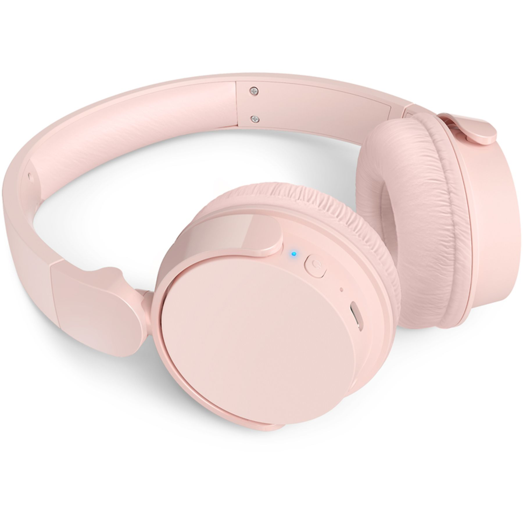 Pink wireless headphones on a white background. The headphones are over-ear style.