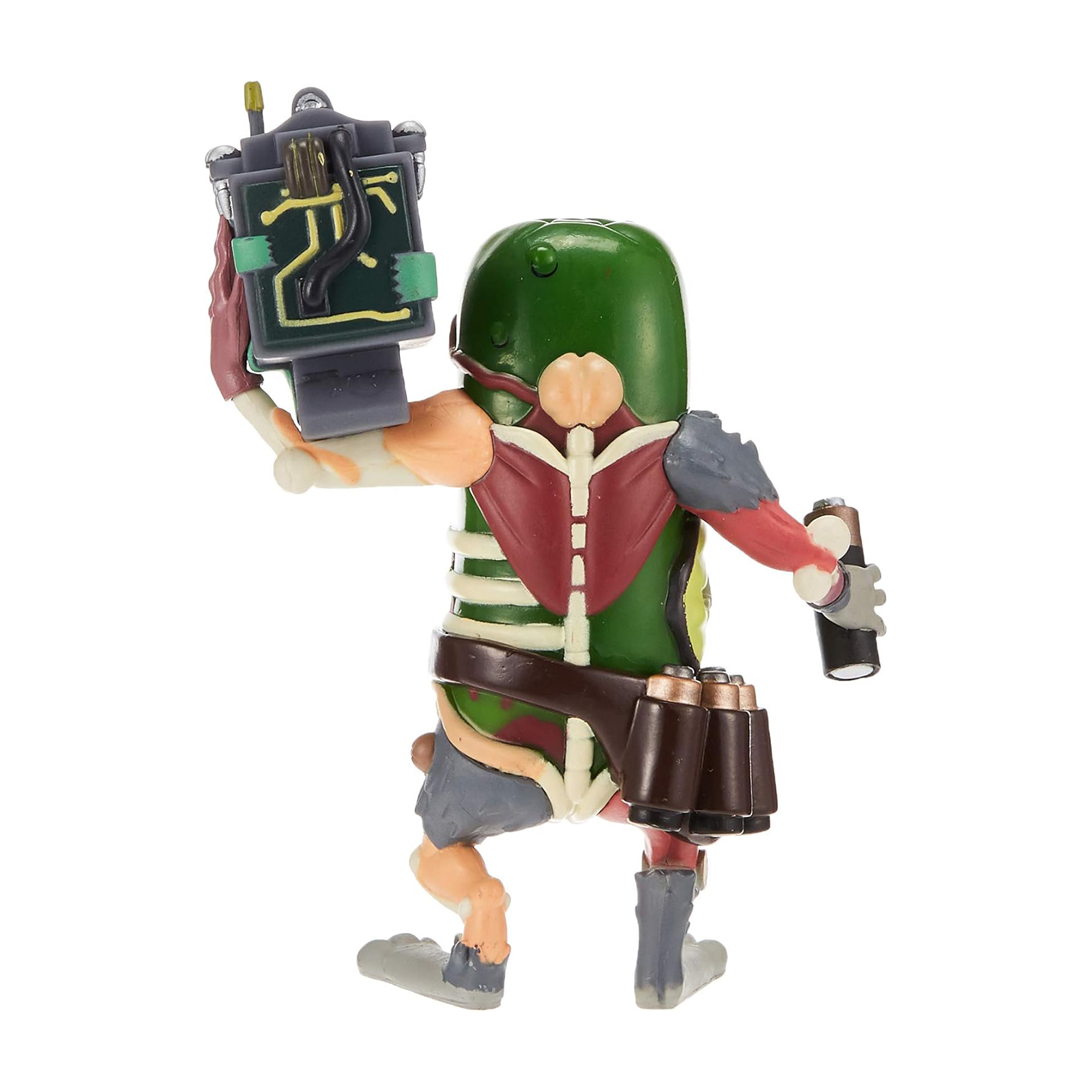 Une figurine verte, rouge et grise tient un appareil. Elle a une tête verte, un sac à dos et porte une ceinture.