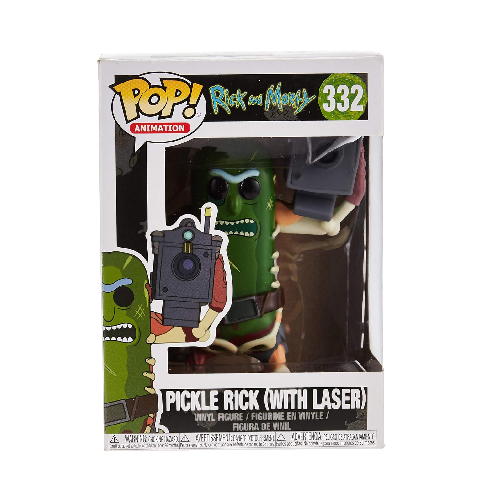 Une figurine Funko Pop de Pickle Rick dans une boîte. Elle représente un cornichon vert avec un pistolet laser.