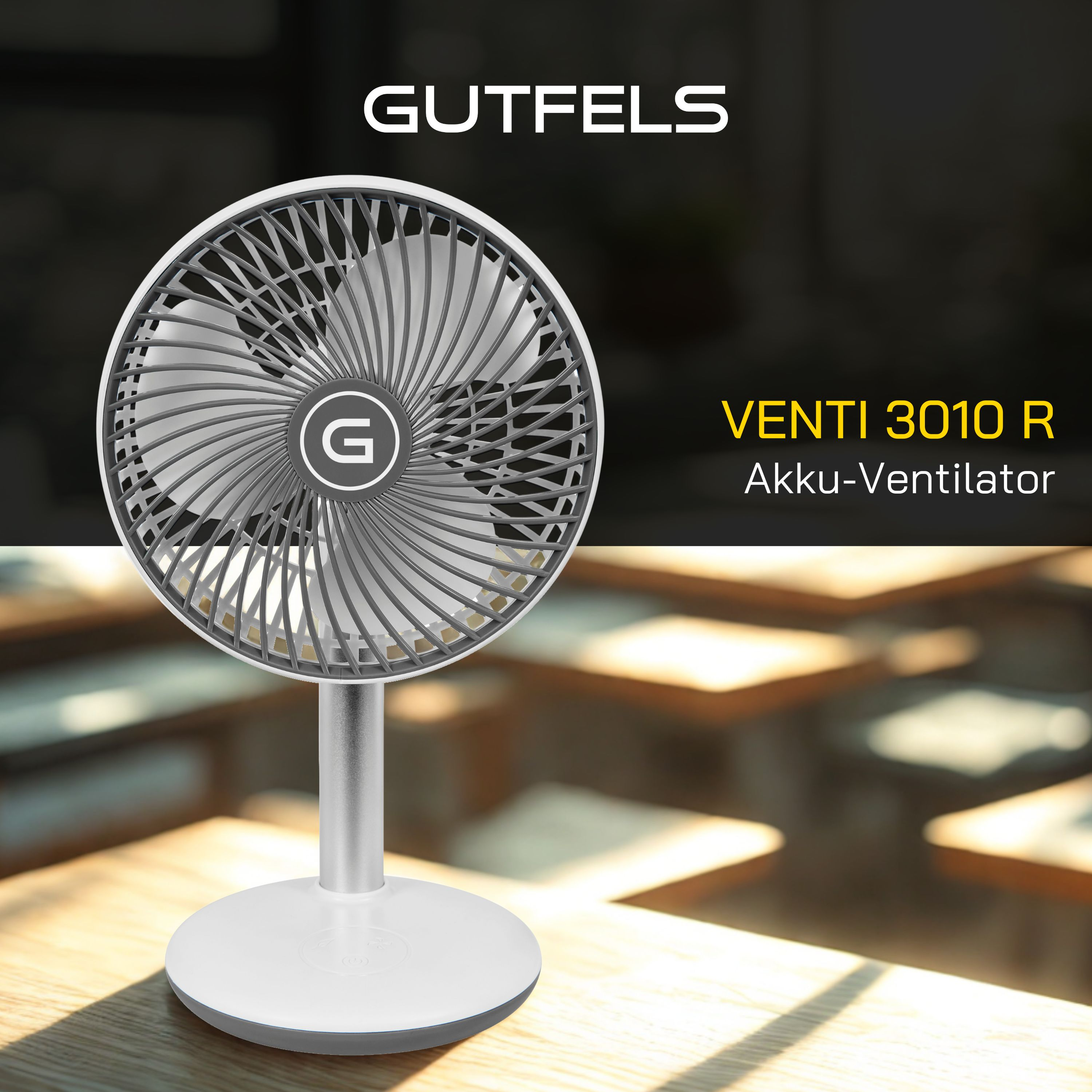 Un ventilador de mesa blanco y gris está sobre una mesa de madera. El texto dice 'VENTI 3010 R' y 'Akku-Ventilator'.
