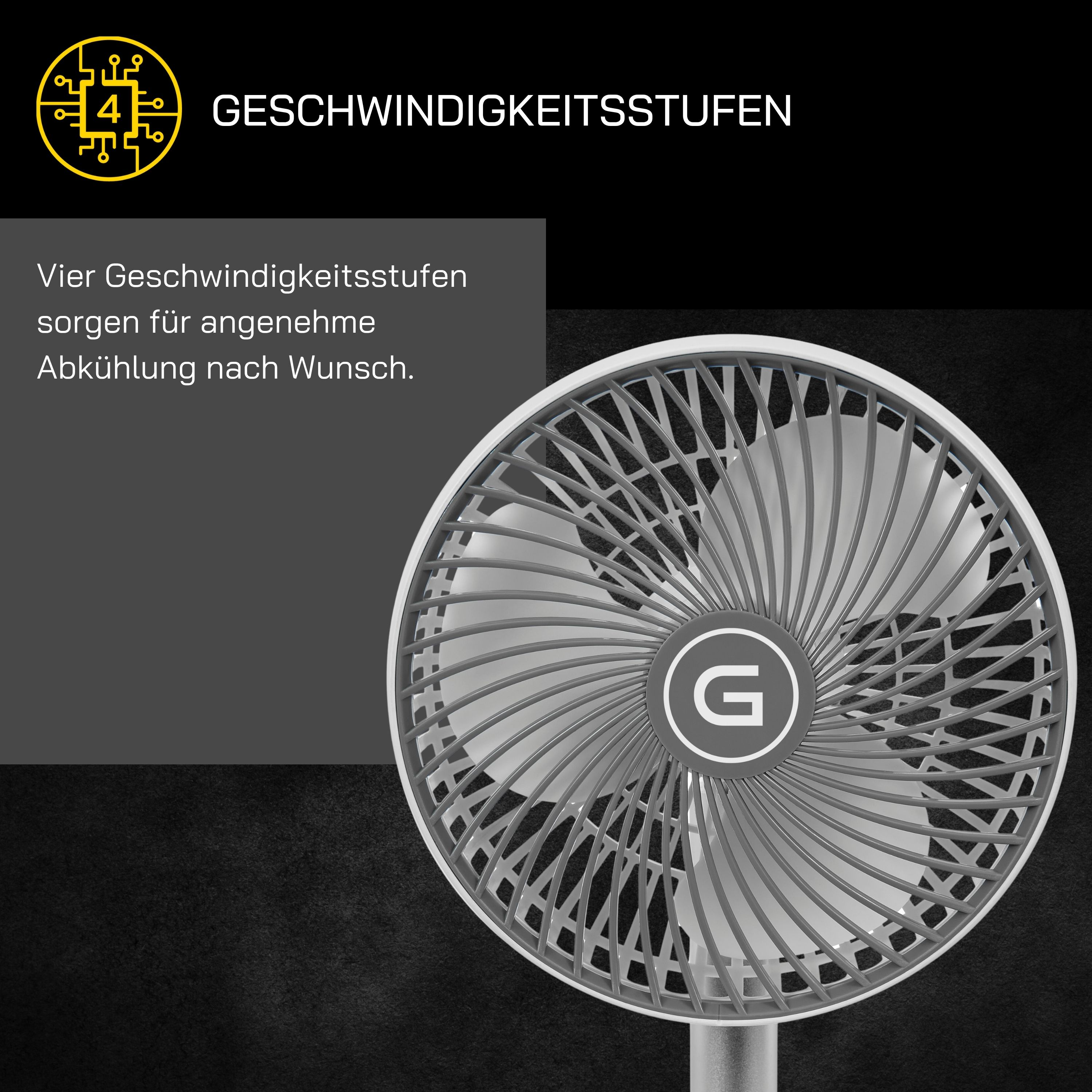 Un ventilador blanco y gris con el logo 'G' se muestra. El texto dice '4 niveles de velocidad'. Fondo oscuro.