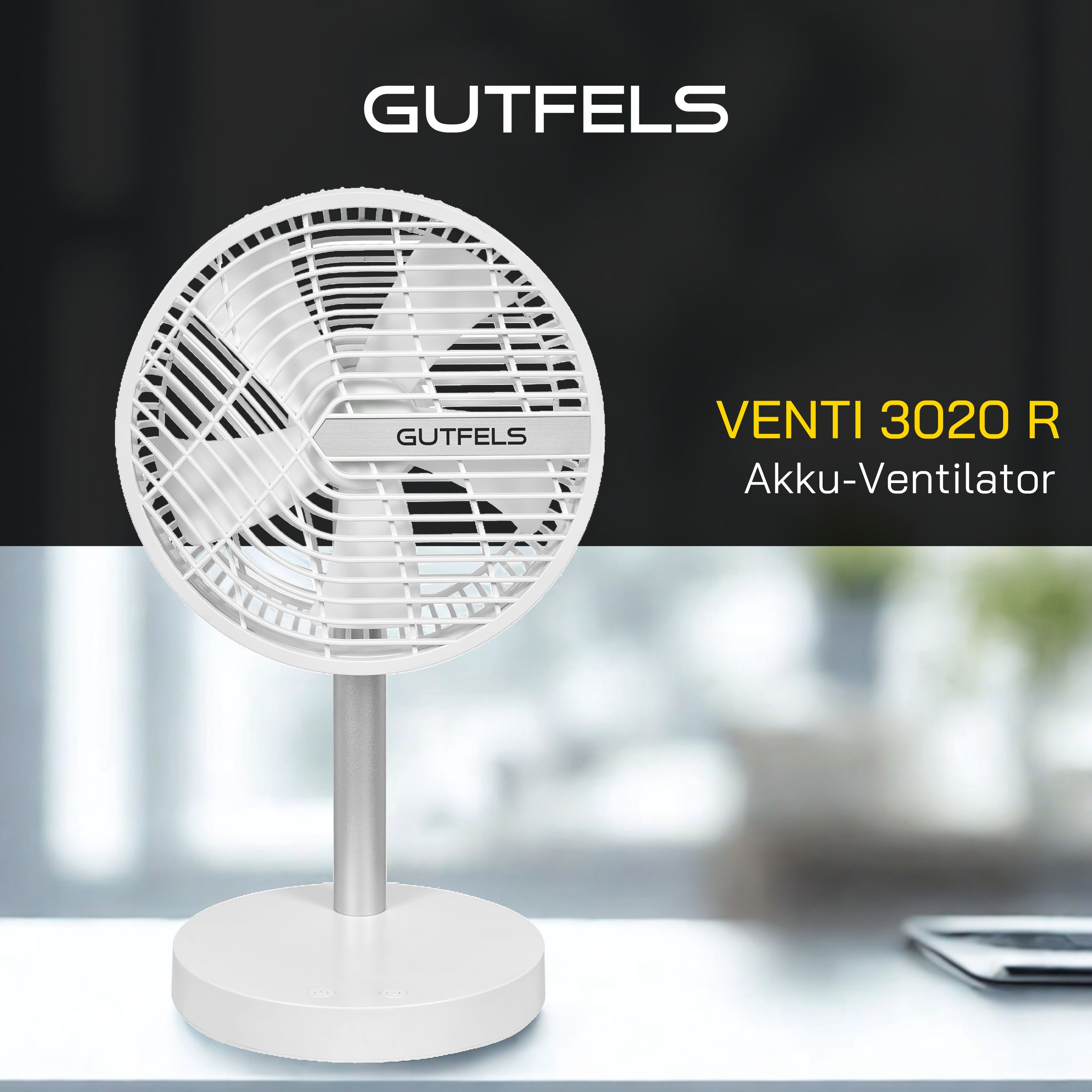 Ventilador blanco Gutefels Venti 3020 R a batería sobre una superficie clara. El fondo es borroso con gradiente blanco y negro.