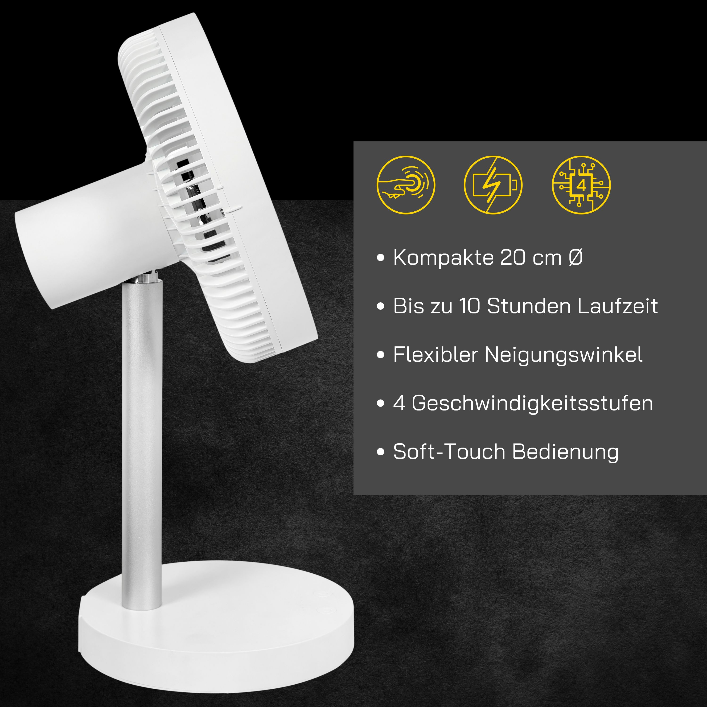 Un ventilador blanco con soporte plateado sobre fondo oscuro texturizado. Información sobre el ventilador a la derecha.