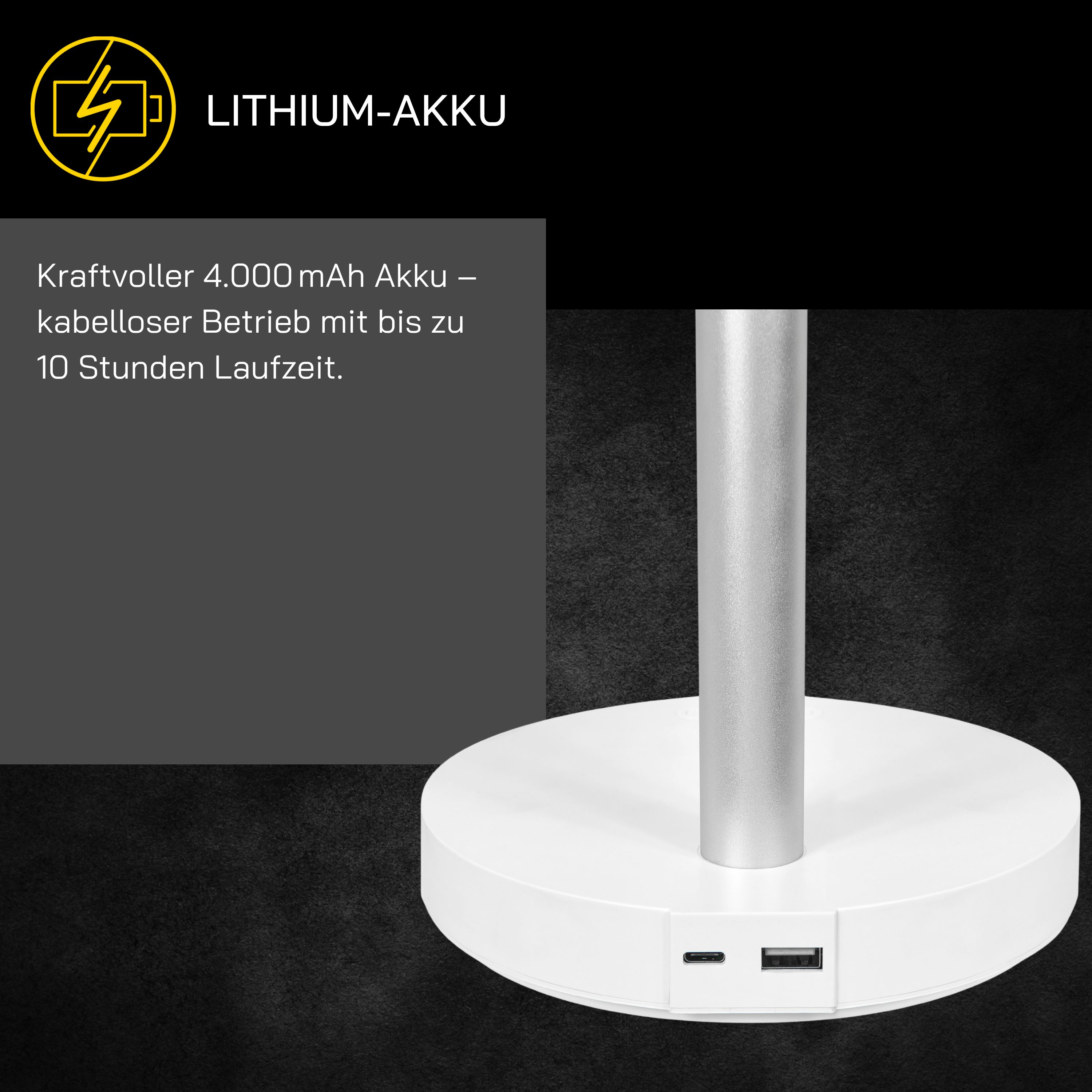 Una base de lámpara blanca con un poste plateado. El texto dice 'LITHIUM-AKKU' y '4.000 mAh Akku'.