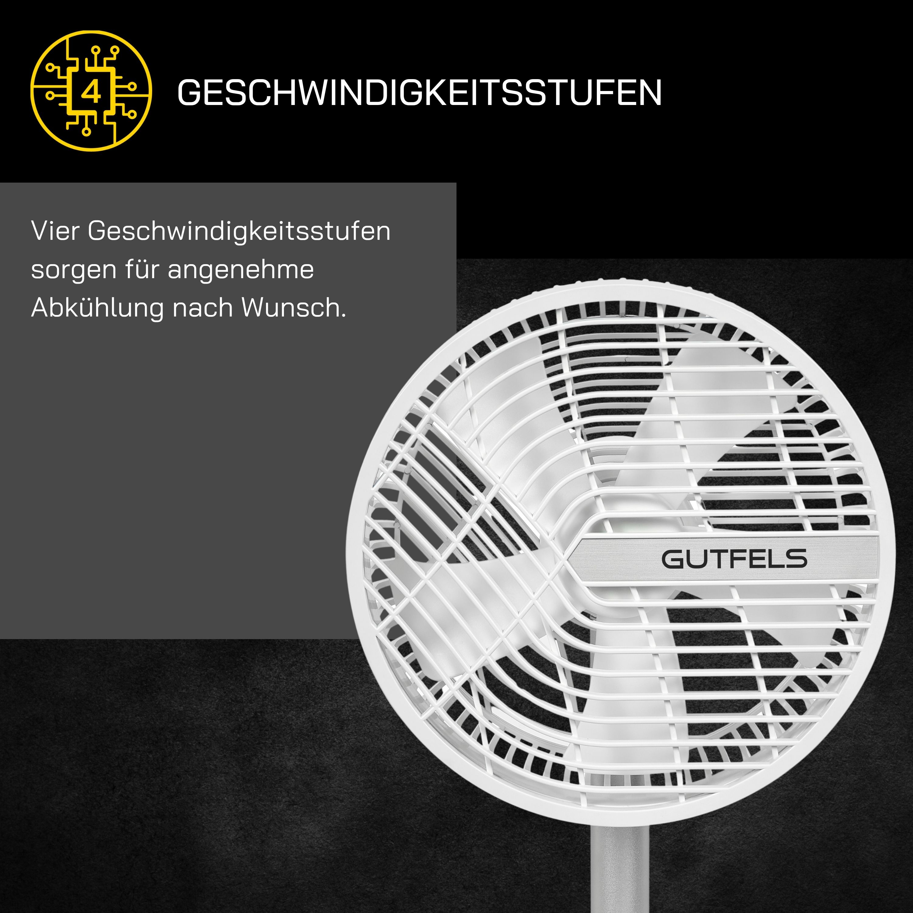 Ventilador blanco con cuatro aspas. El texto dice: 'Geschwindigkeitsstufen'. El ventilador está sobre un fondo negro.