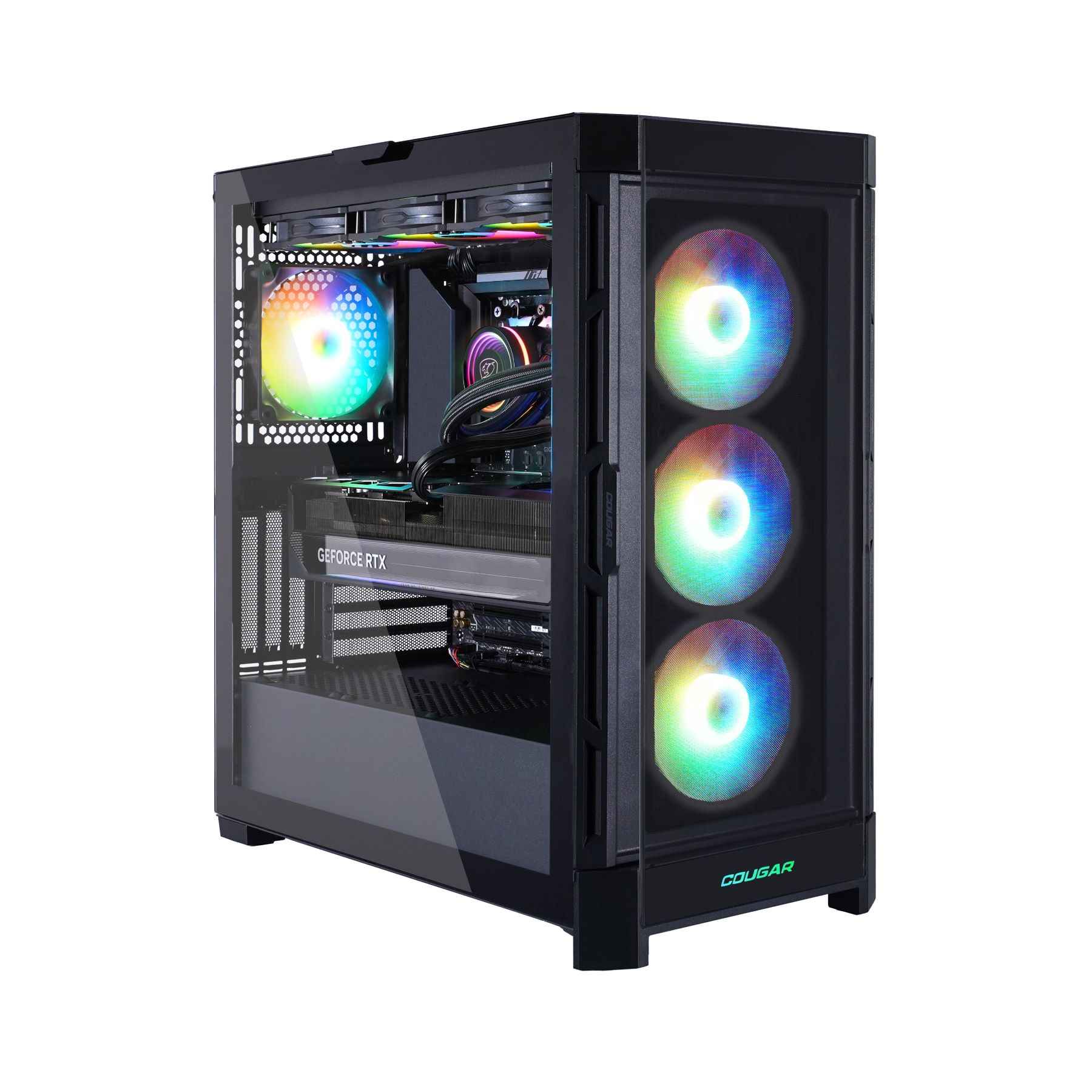Schwarzes Computergehäuse mit Glasseitenwand, bunten LED-Lüftern und einer GeForce RTX-Grafikkarte.