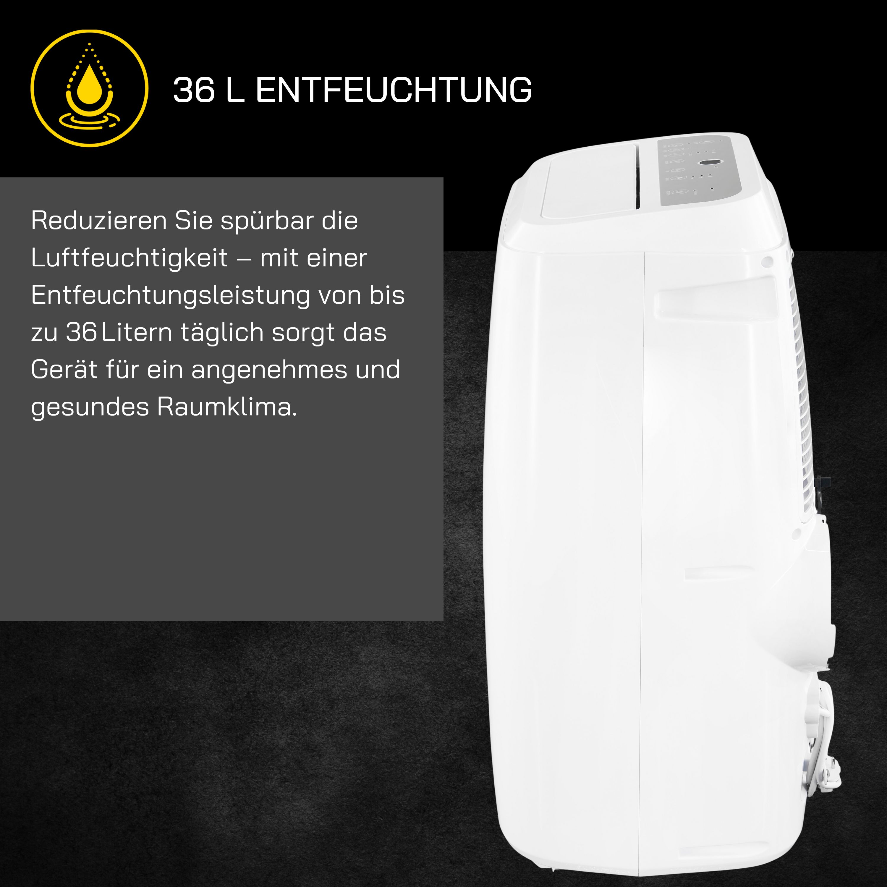 Weißes Klimagerät mit Text, der eine Entfeuchtungsleistung von 36L erwähnt.
