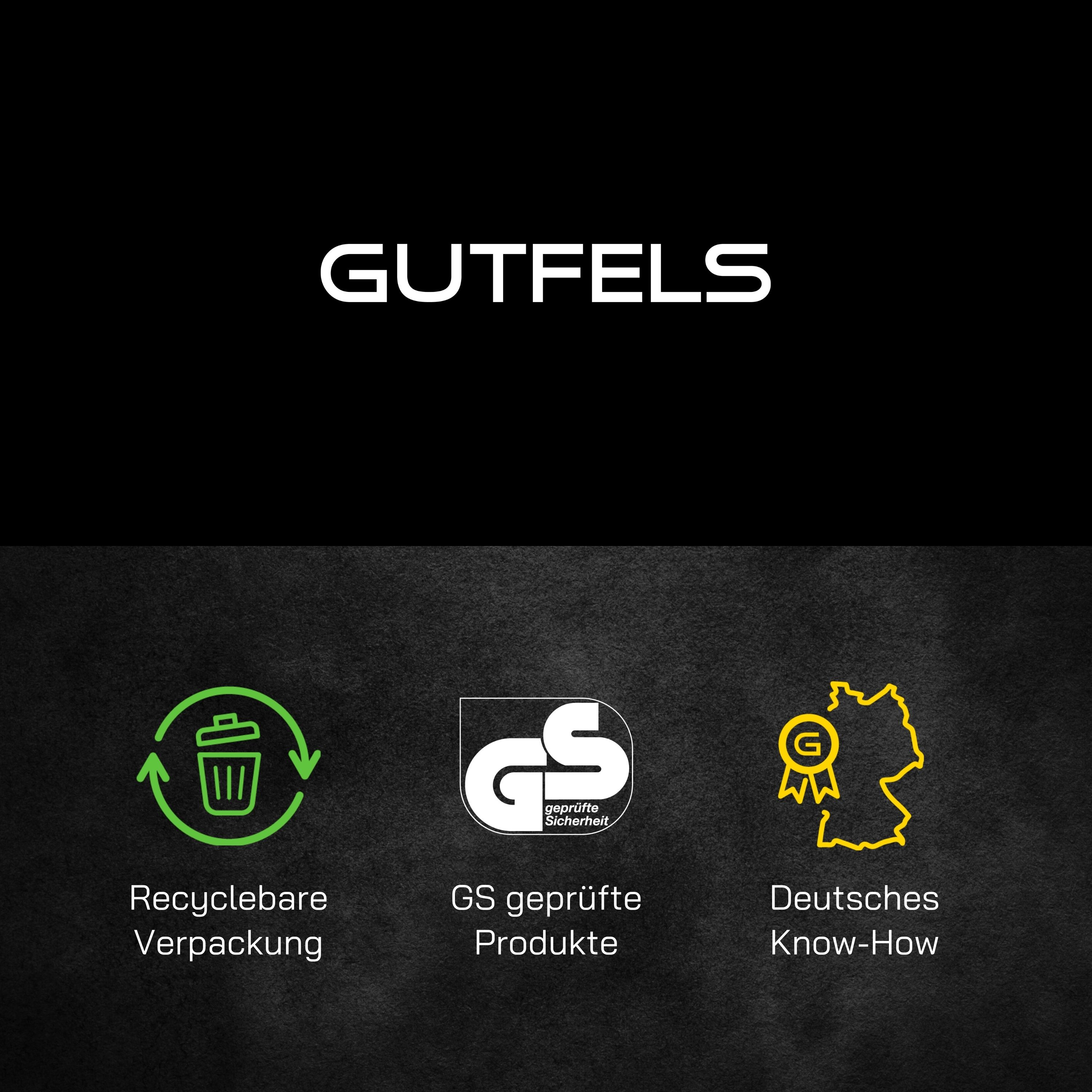 Schwarzer Hintergrund mit Gutefls-Logo und Icons für Recycling, GS-Produkte und deutsches Know-how.
