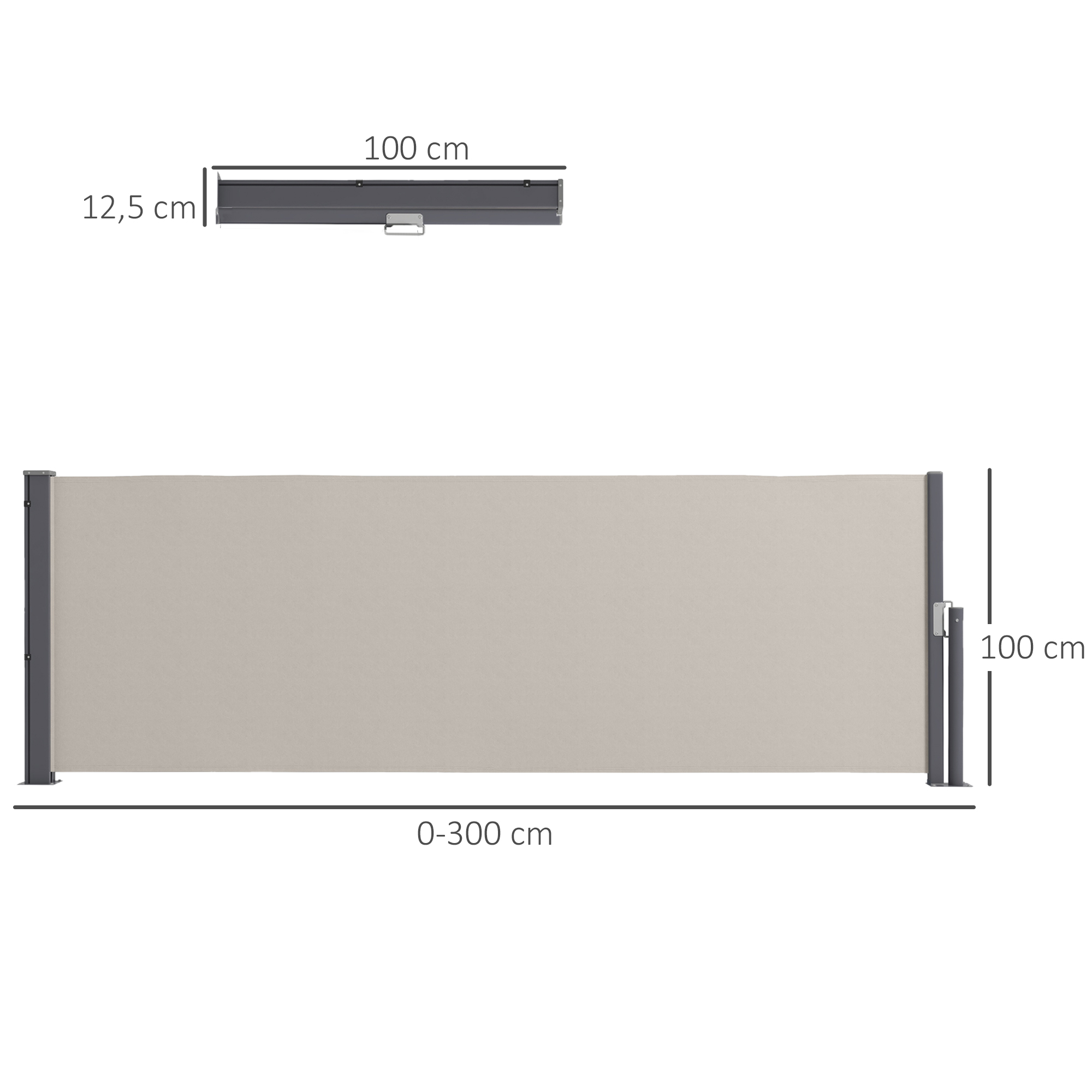 Diagramm einer ausziehbaren Seitenmarkise. Maße: 0-300cm, 100cm lang und 12,5cm breit.