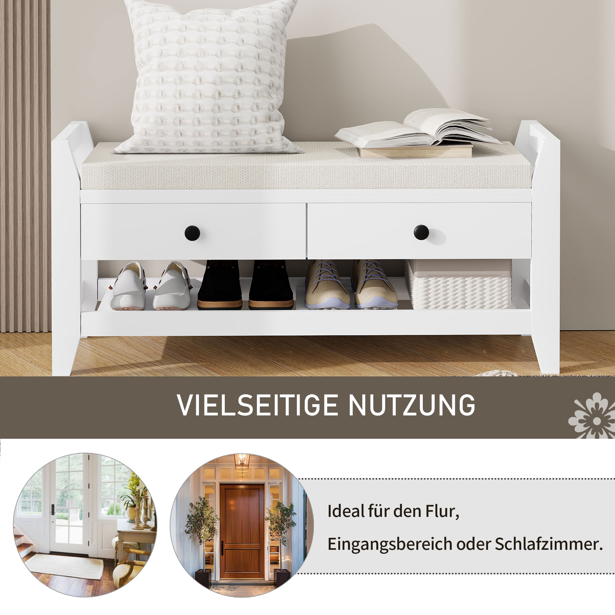 Weiße Schuhbank mit Schuhen, einem Buch und einem Kissen. Text zeigt vielseitige Nutzung.