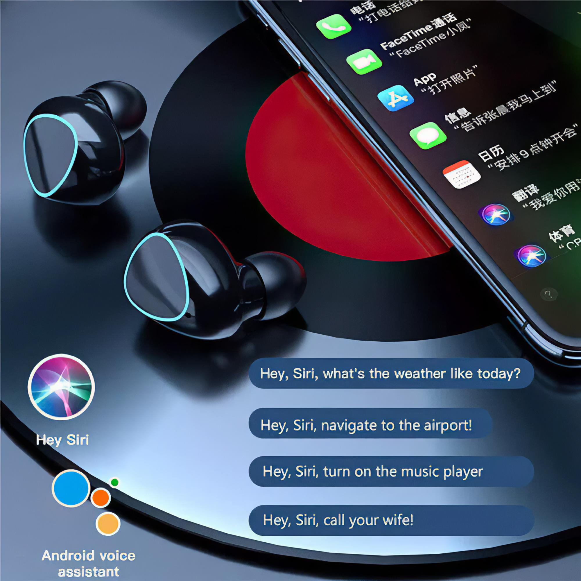 Schwarze kabellose Ohrhörer neben einem Smartphone, das die Siri-Oberfläche und App-Symbole anzeigt.