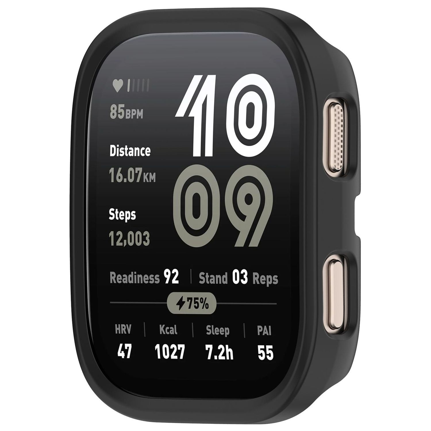 Smartwatch-Bildschirm mit Daten: Zeit, Schritte, Distanz, Bereitschaft und Gesundheitsmetriken.