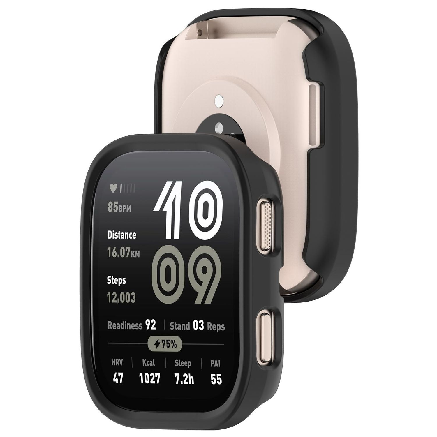 Schwarzes Smartwatch-Gehäuse, Bildschirm teilweise sichtbar. Aussparungen für Knöpfe und Sensoren.