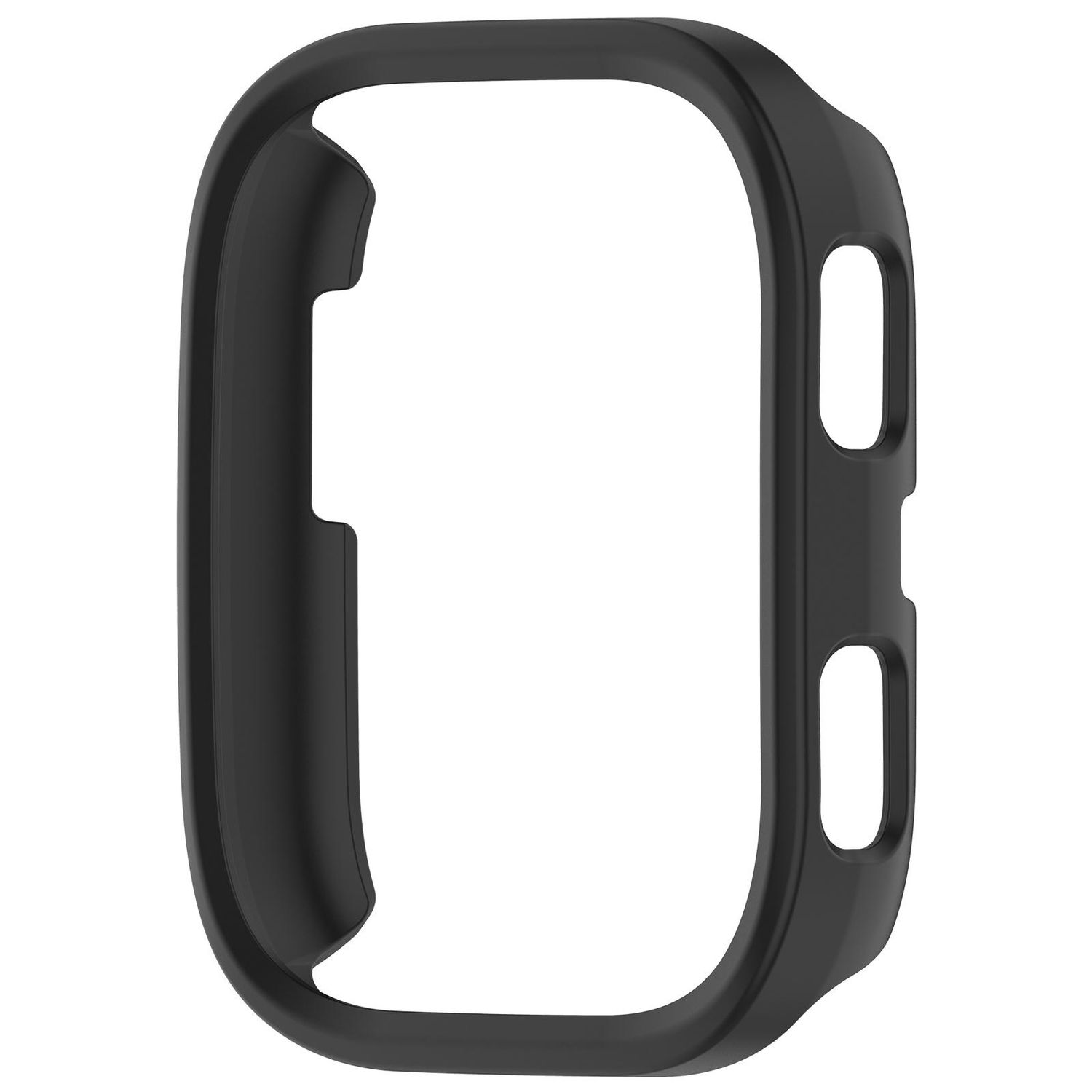 Schwarzes Smartwatch-Gehäuse, Innenseite sichtbar. Das Gehäuse bedeckt die Uhr.