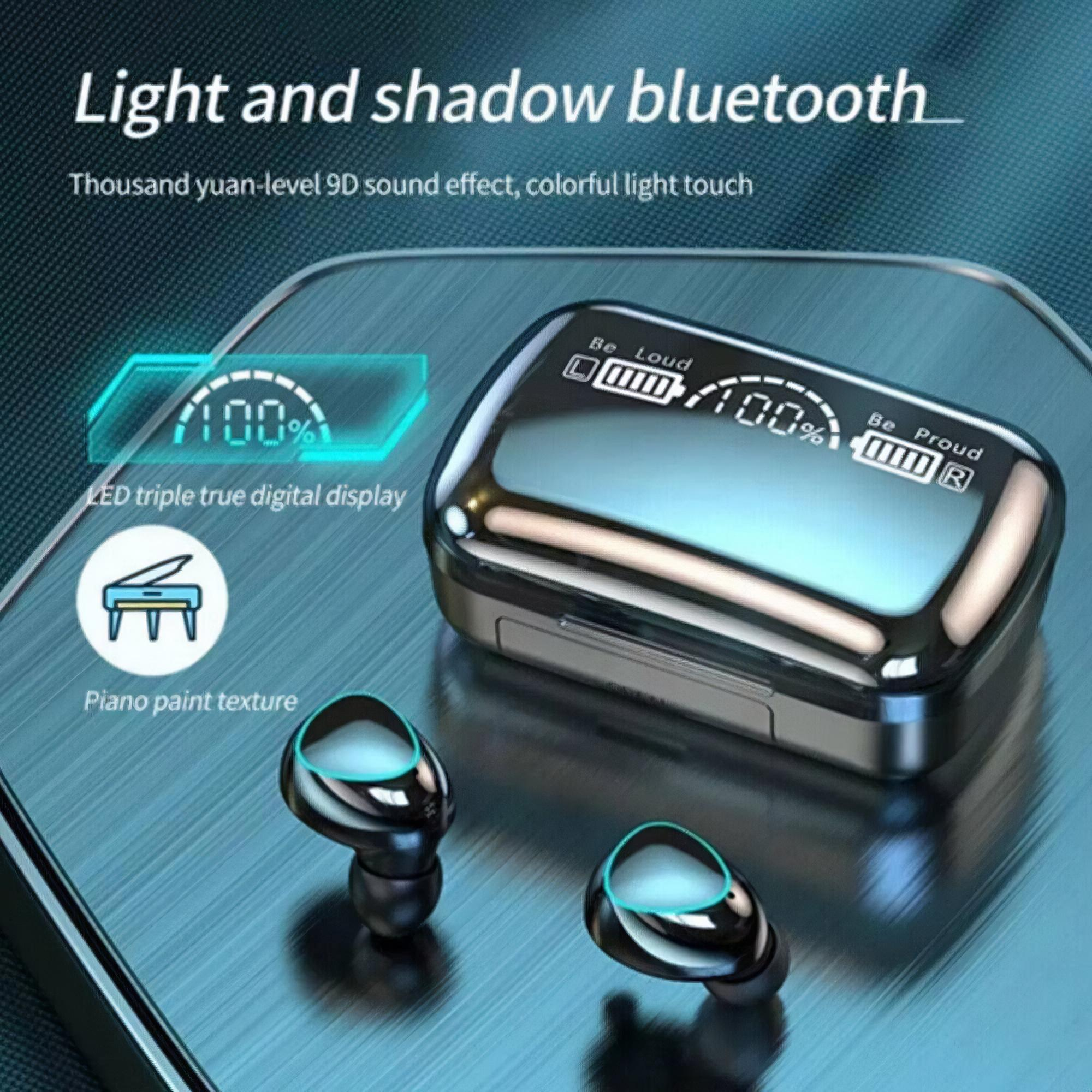 Ohrhörer, Ladeetui. Text: Licht- und Schatten-Bluetooth, Klavierlack-Textur und Digitalanzeige.