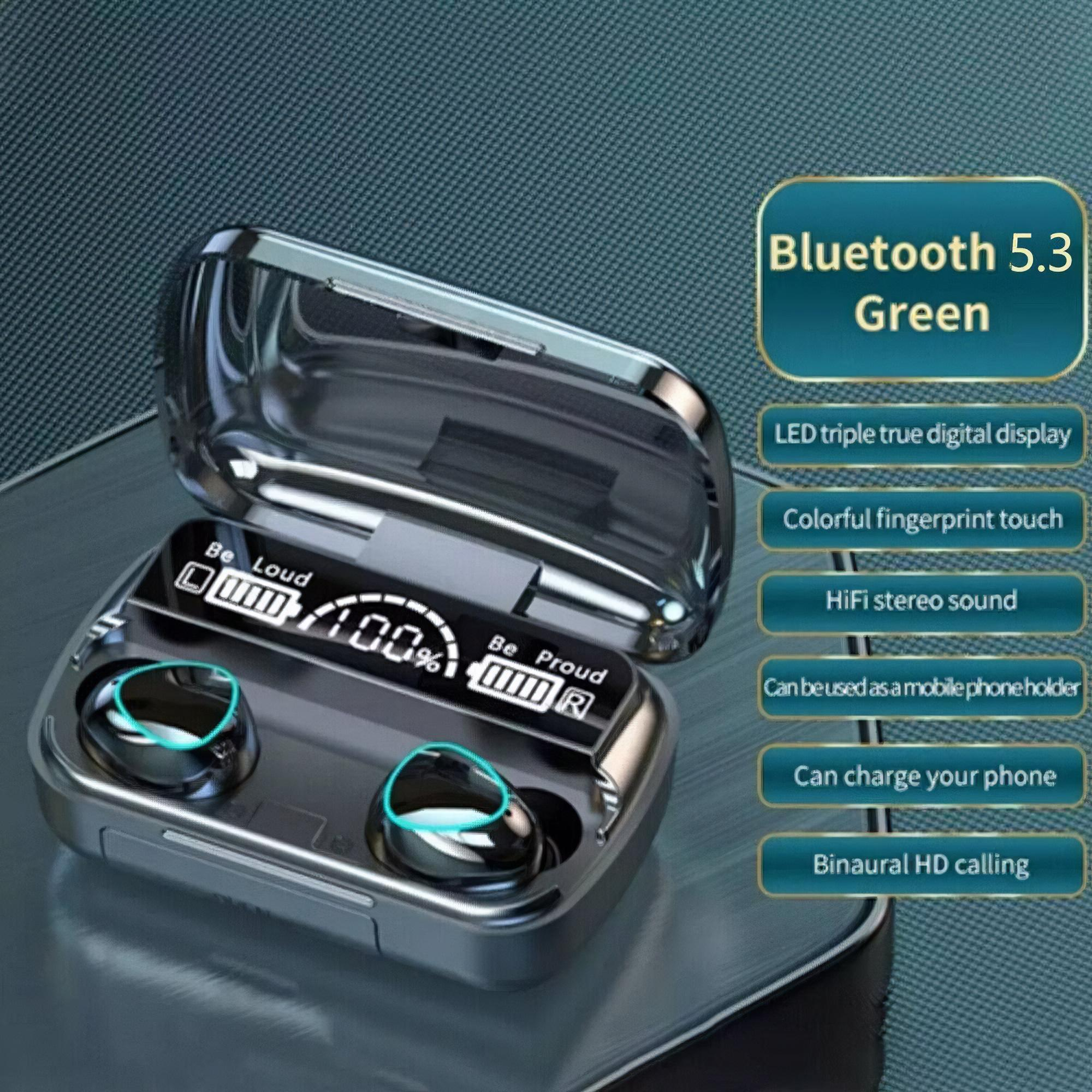 Ohrhörer in einem Ladeetui. Text: Bluetooth 5.3, LED-Dreifach-Digitalanzeige und weitere Funktionen.