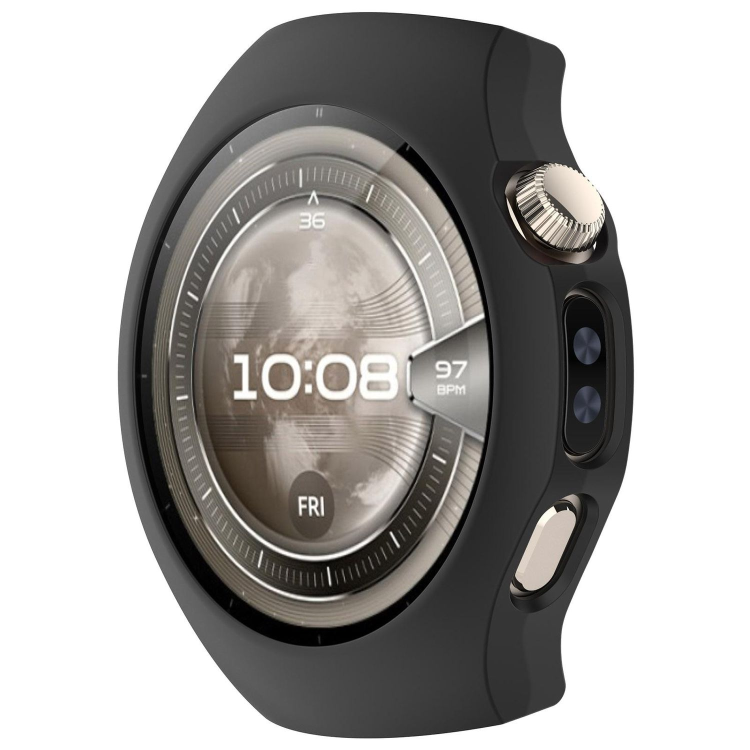 Eine Smartwatch mit schwarzer Abdeckung. Der Bildschirm zeigt Uhrzeit, Herzfrequenz und Datum an.