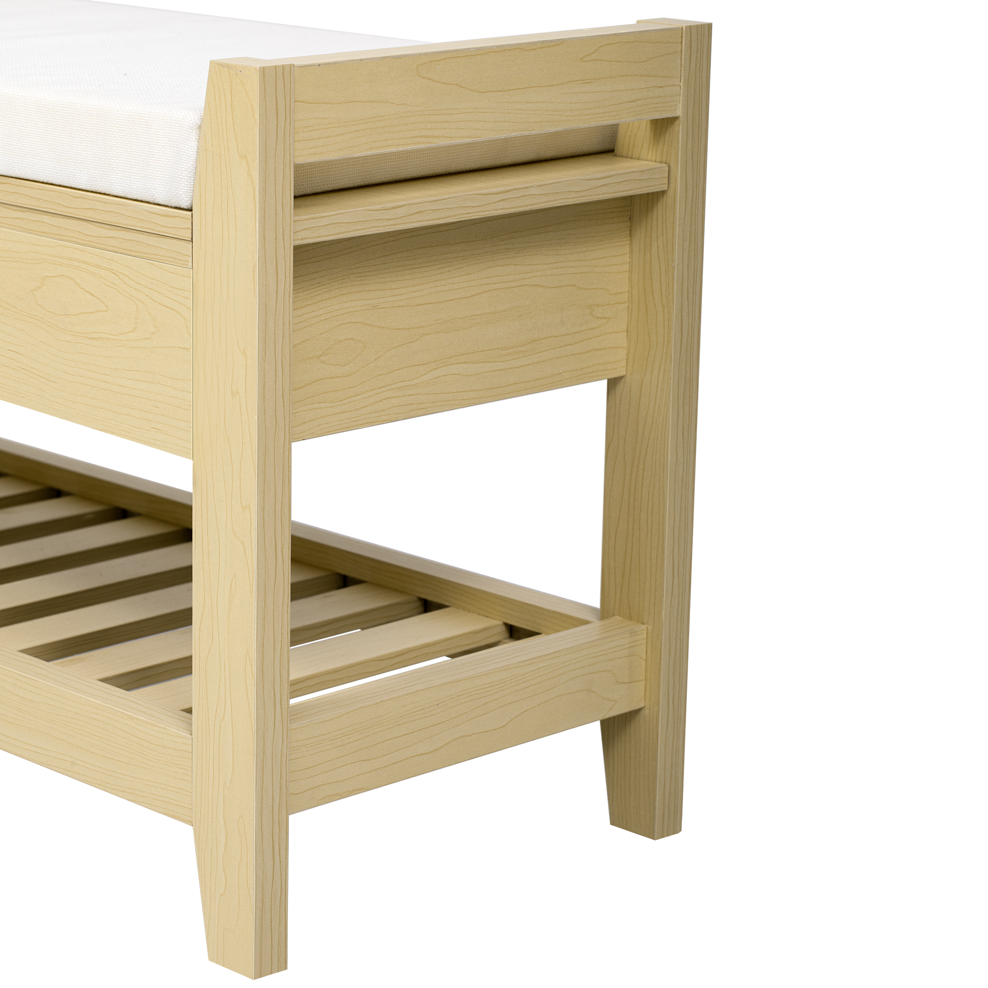 Nahaufnahme einer Holzbank. Eine Schublade ist sichtbar, und die Bank hat ein Lattenregal.