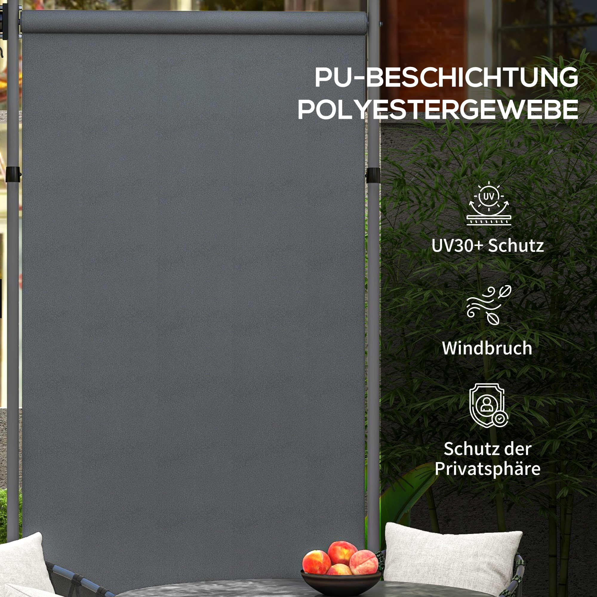 Eine graue Außenjalousie ist installiert. Text auf Deutsch beschreibt ihre Merkmale und Vorteile.