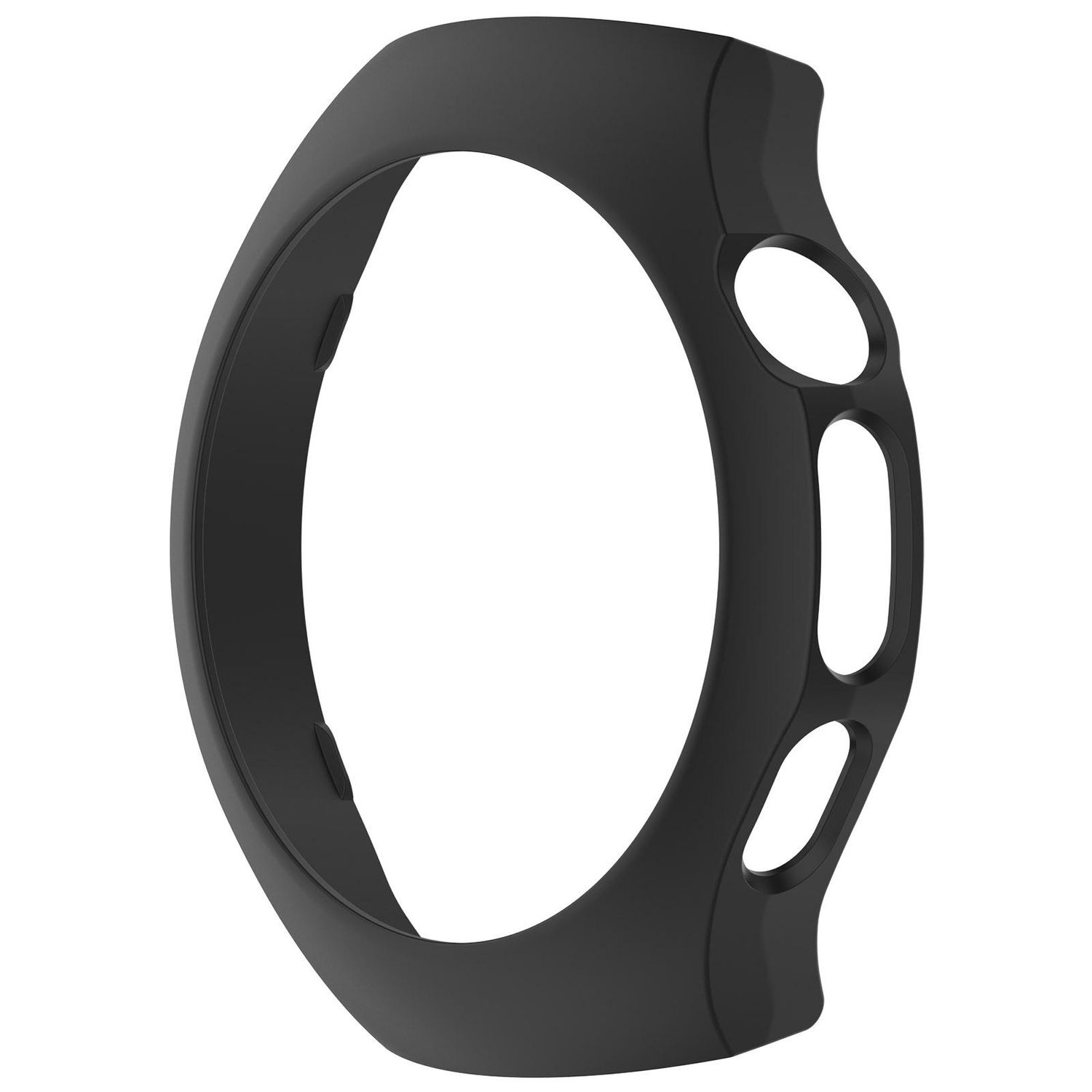 Schwarzes Uhrengehäuse mit drei Aussparungen. Es ist eine Schutzhülle für eine runde Uhr.