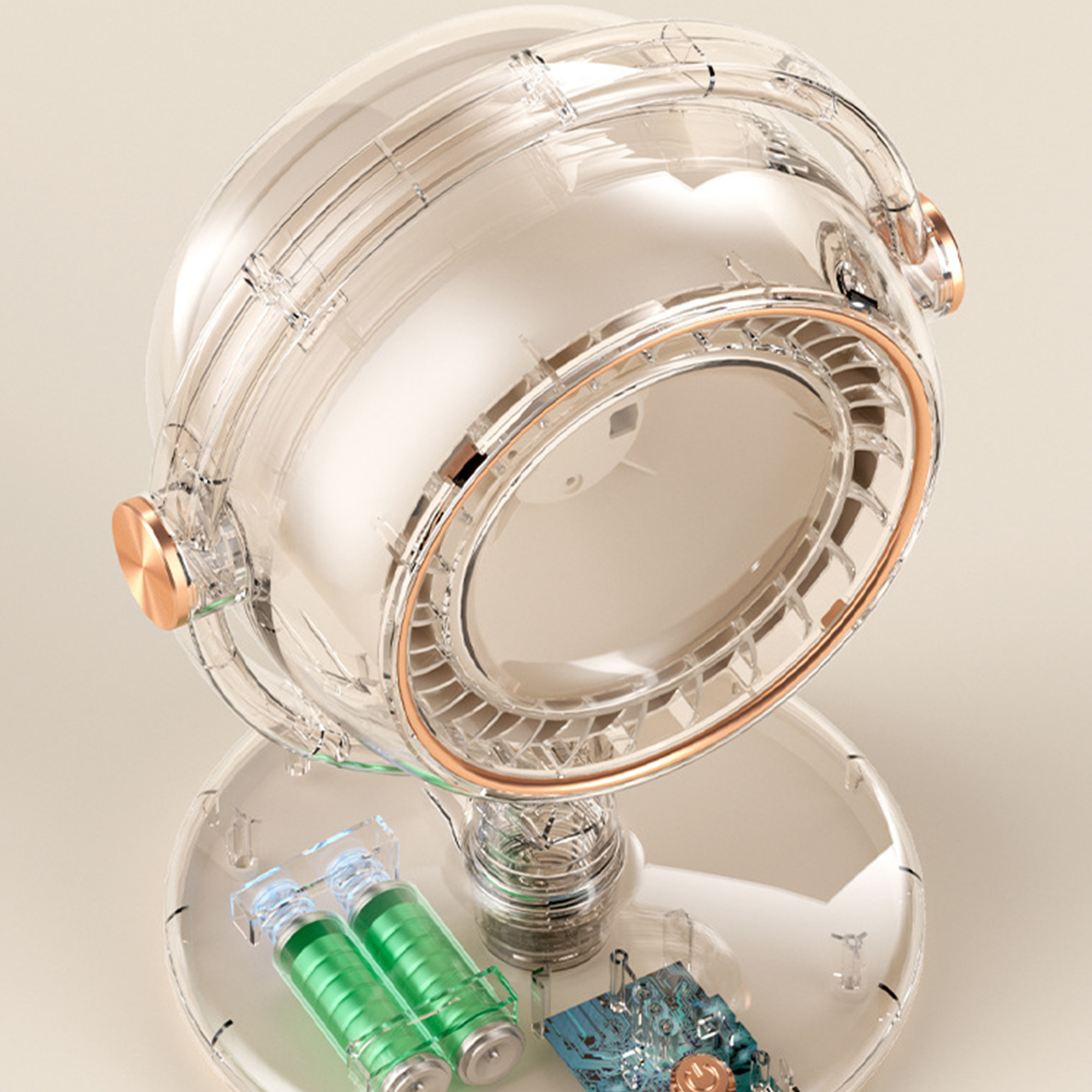 Transparentes Gerät mit zwei grünen Zylindern und einer Platine. Kupferfarbene Akzente.