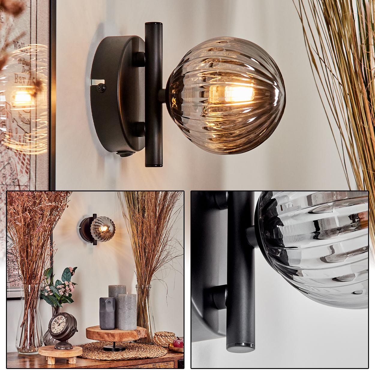 Drei Bilder einer Wandleuchte mit geripptem Glaskolben und schwarzen Metallkomponenten. Die Lampe ist beleuchtet.