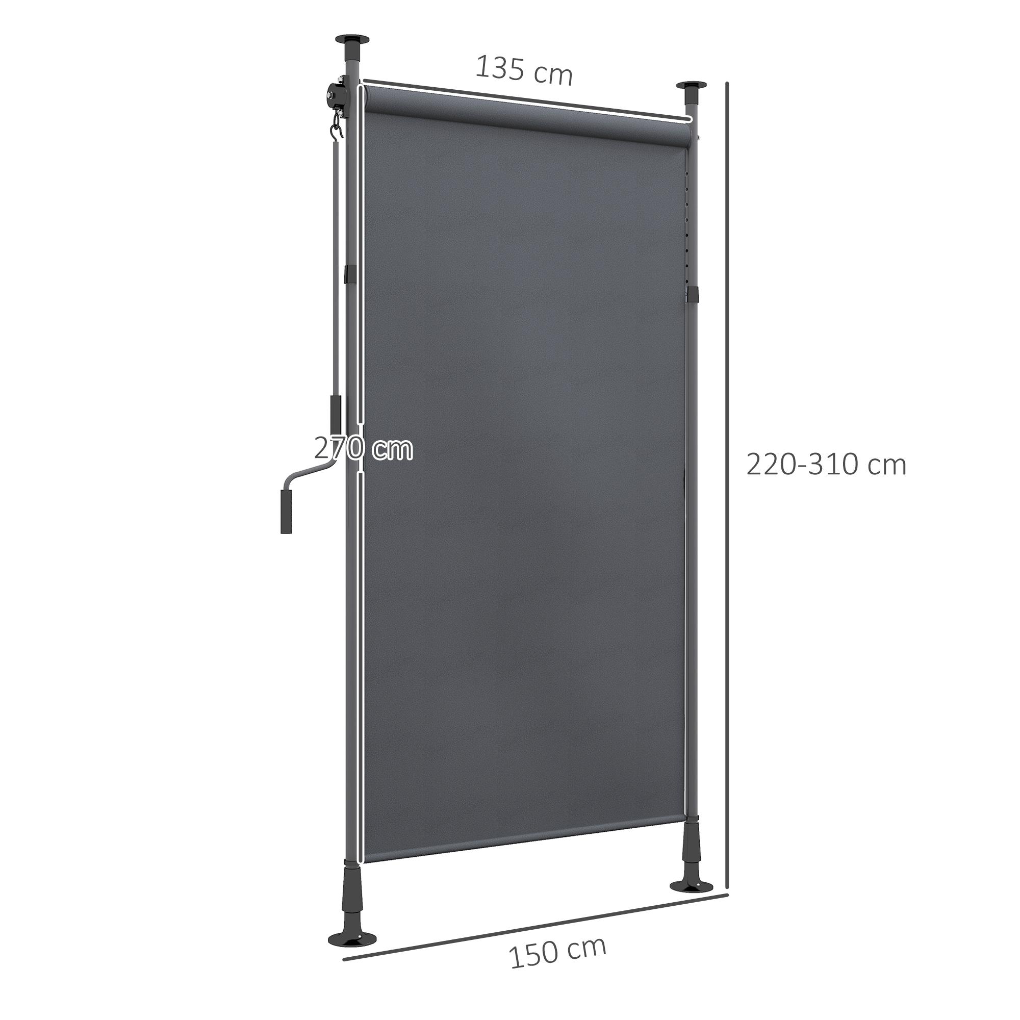 Graue Außenjalousie mit beschrifteten Abmessungen. Sie ist 135 cm breit, 270 cm hoch und 150 cm an der Basis.