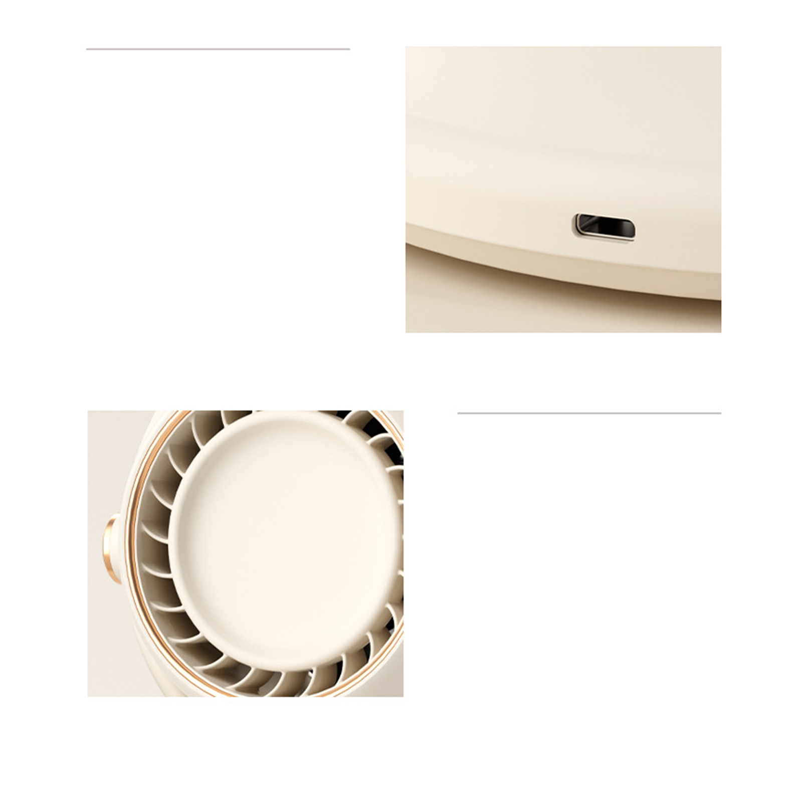 Nahaufnahme eines weißen Ventilators mit Goldakzenten. Details des Ventilators und ein USB-Anschluss sind sichtbar.