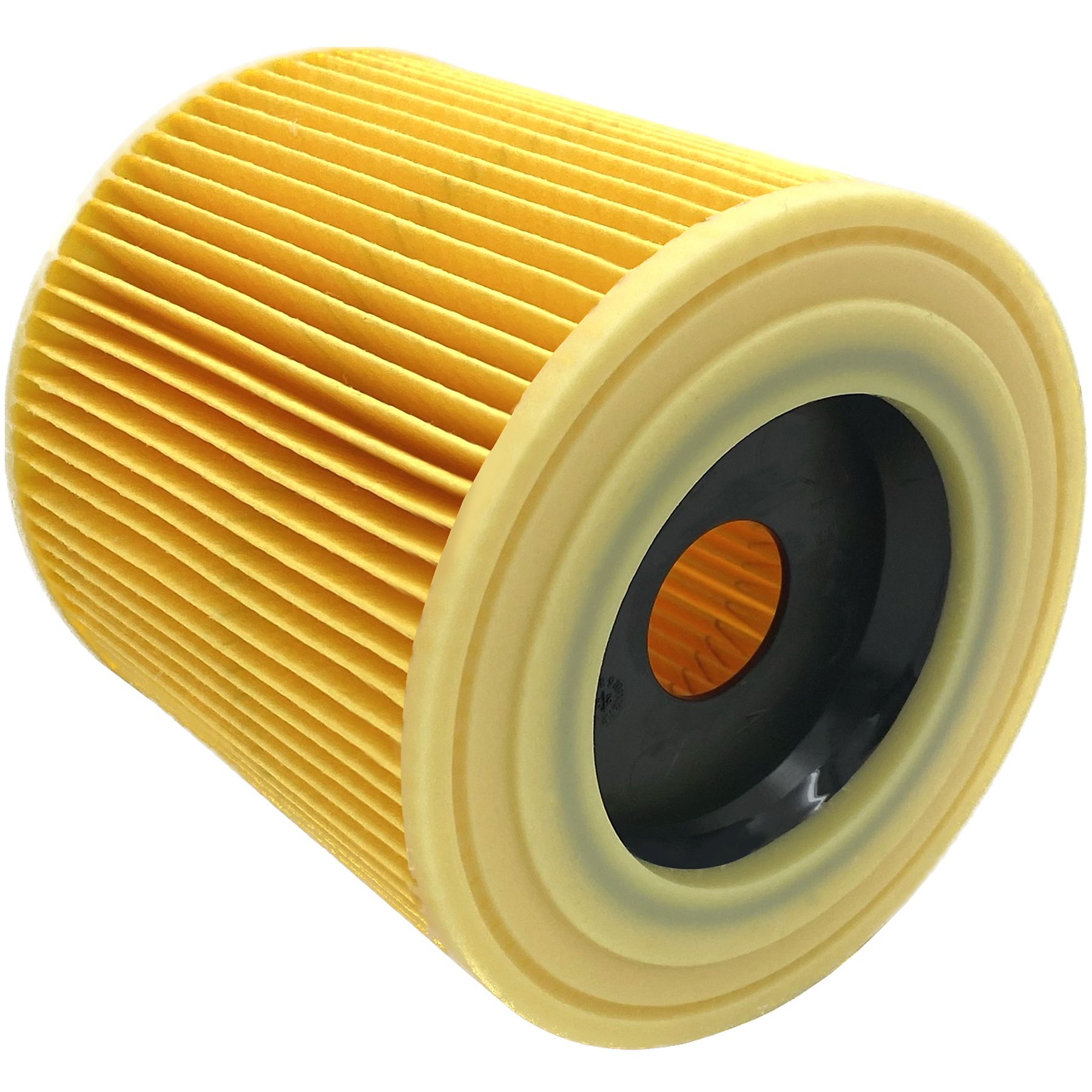 Ein offener, gelber, zylindrischer Luftfilter mit radialen Falten. Der Filter hat einen schwarzen Innenraum und einen cremefarbenen Rahmen.