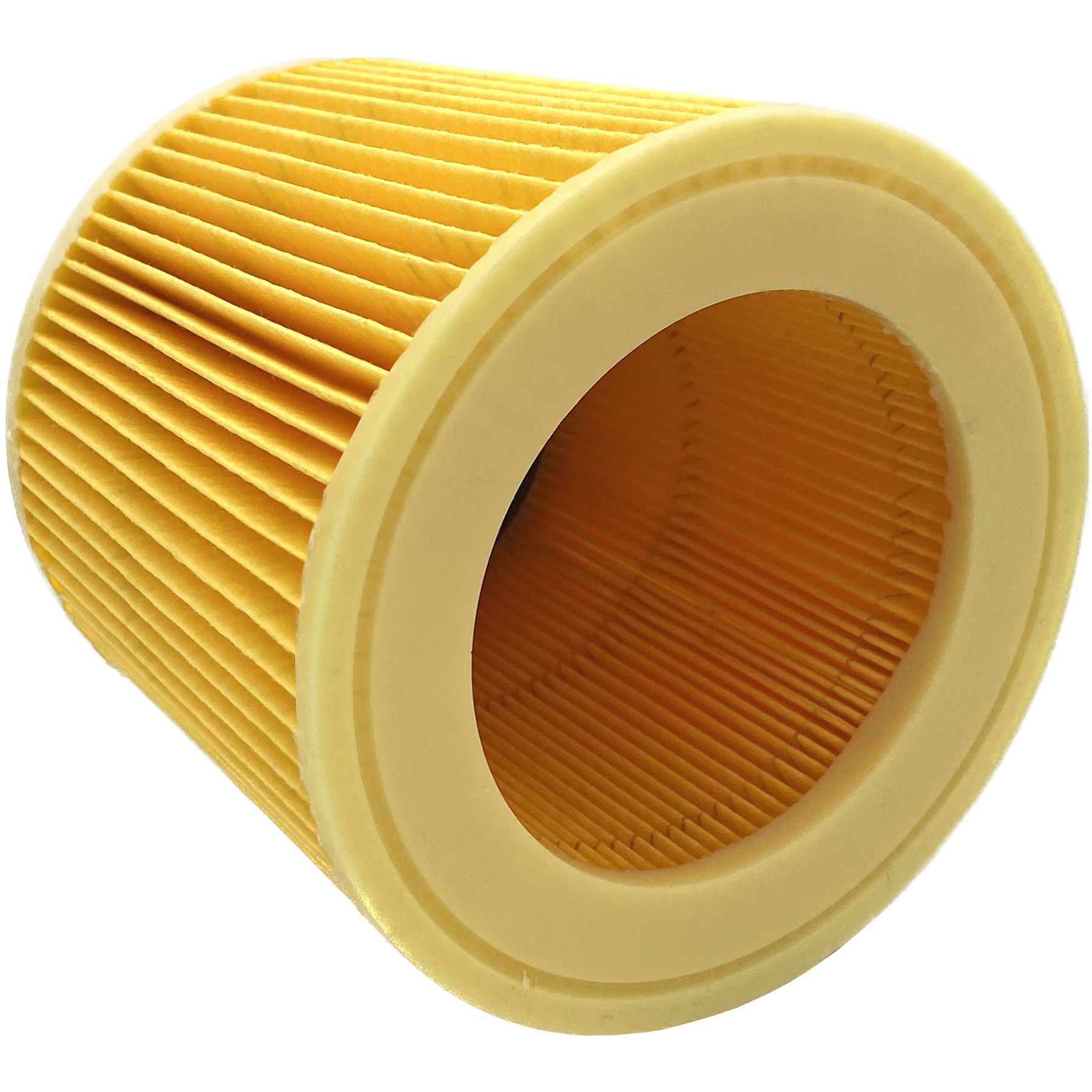 Ein offener, gelber, zylindrischer Luftfilter mit radialen Falten. Der Filter hat einen schwarzen Innenraum und einen cremefarbenen Rahmen.