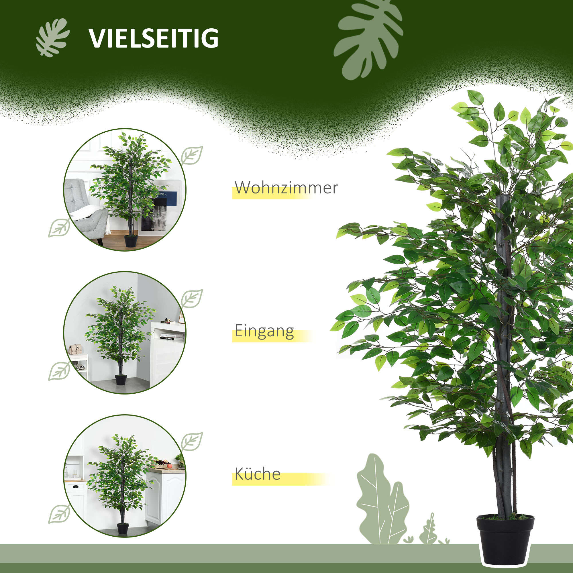 Ein hoher Kunstbaum in einem schwarzen Topf, mit drei Szenen. Der Baum wird im Wohnzimmer, Eingang und in der Küche gezeigt.