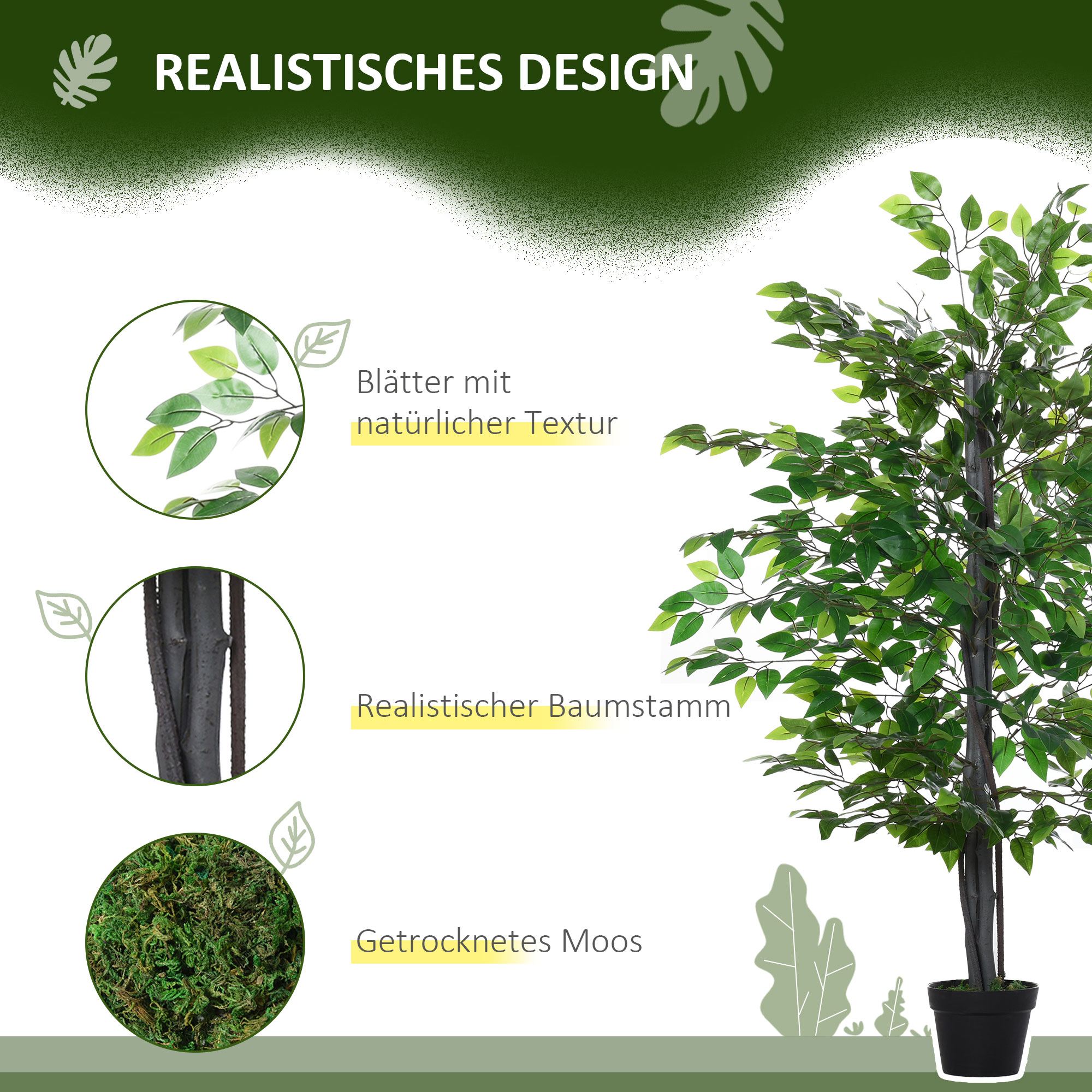 Ein Bild mit Details eines künstlichen Baumes: Blätter, Stamm und Moos.