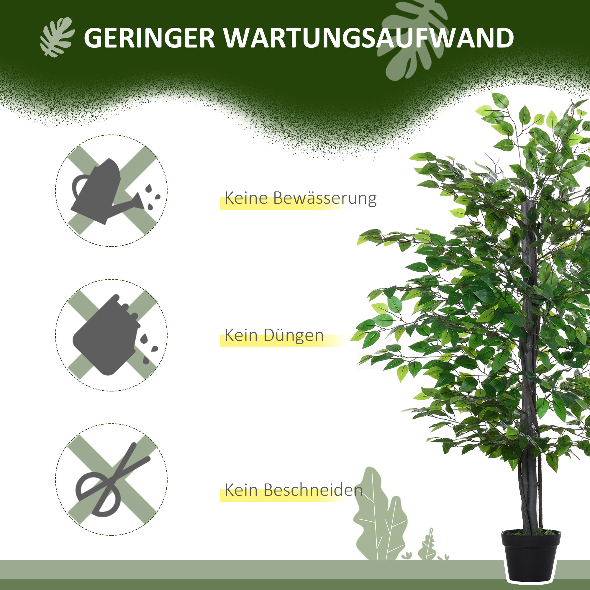 Ein hoher Kunstbaum in einem schwarzen Topf. Er hat Text, der geringe Wartung anzeigt: kein Gießen, Düngen oder Beschneiden.