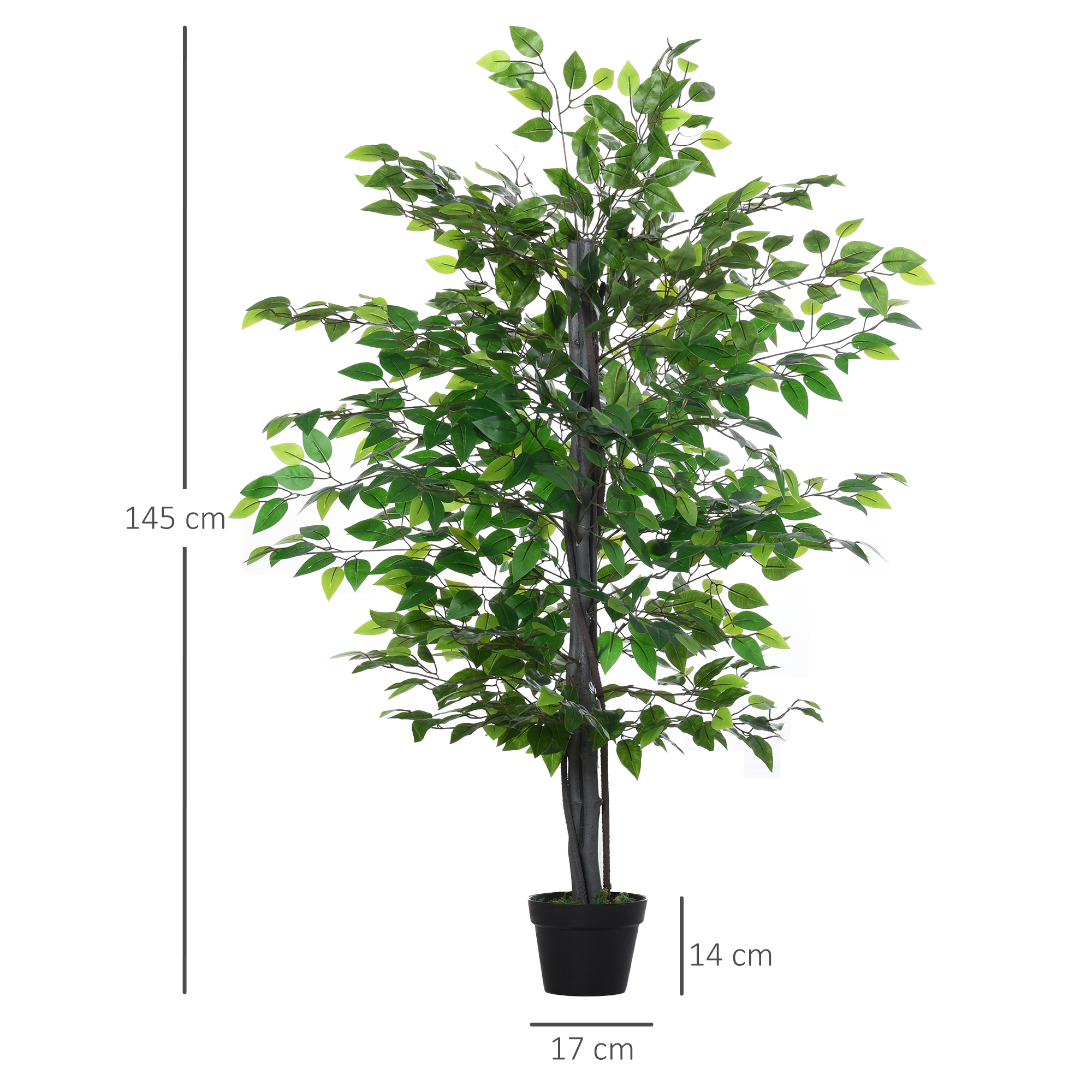 Ein hoher künstlicher Baum in einem schwarzen Topf. Er hat grüne Blätter und einen dunklen Stamm mit Maßen.