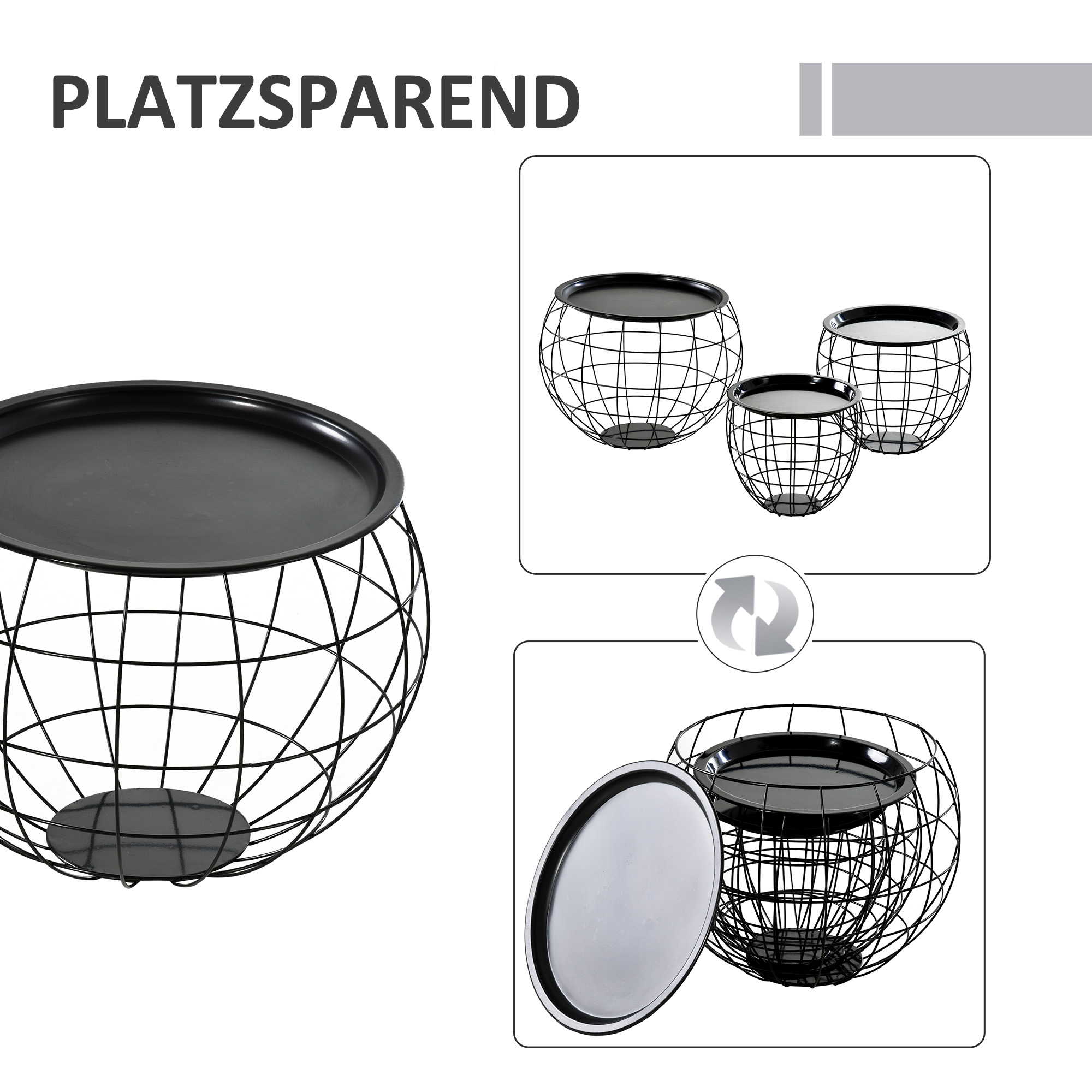 Drei schwarze Beistelltische mit Drahtrahmen und schwarzen Oberflächen. Ein Tisch ist geöffnet, um das Innere zu zeigen. Weißer Hintergrund.