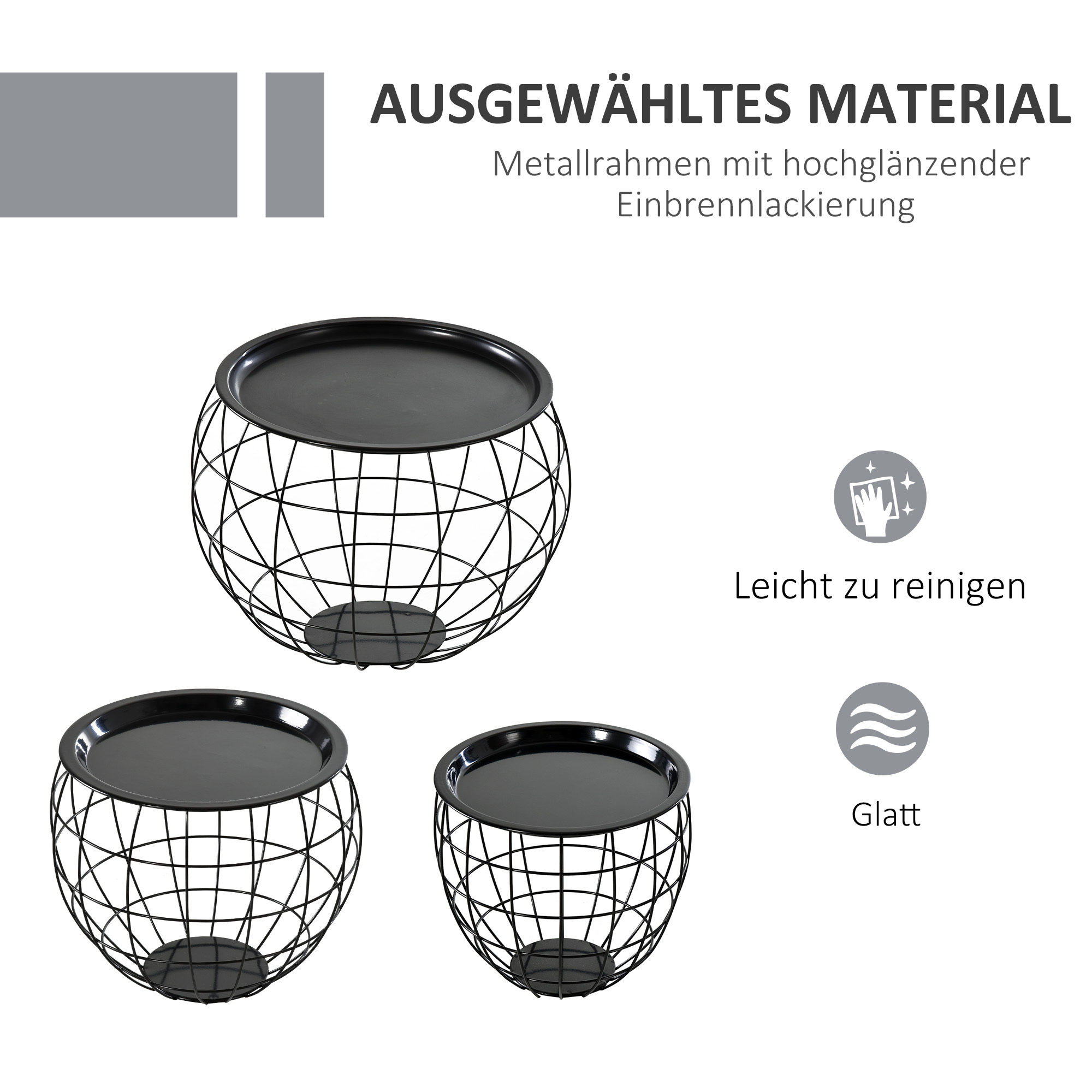 Drei schwarze Beistelltische mit Drahtrahmen und schwarzen Oberflächen. Sie stehen auf einer weißen Oberfläche mit Text über das Material.
