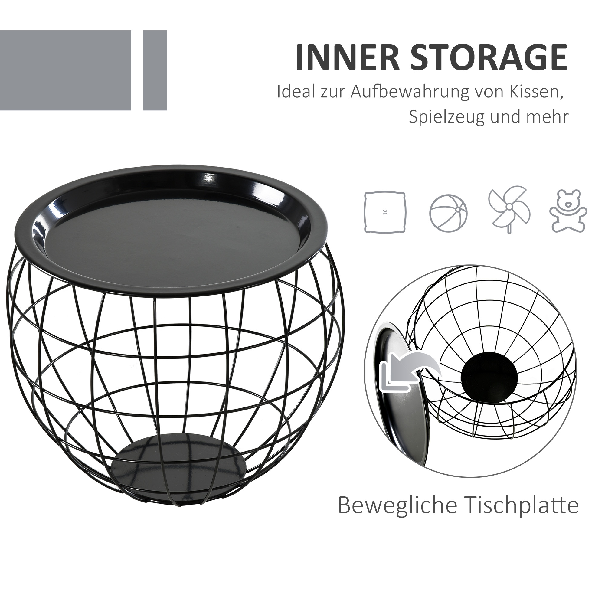 Schwarzer Drahtrahmen-Aufbewahrungskorb mit abnehmbarem Deckel. Text: 'Inner Storage' und 'Bewegliche Tischplatte'.