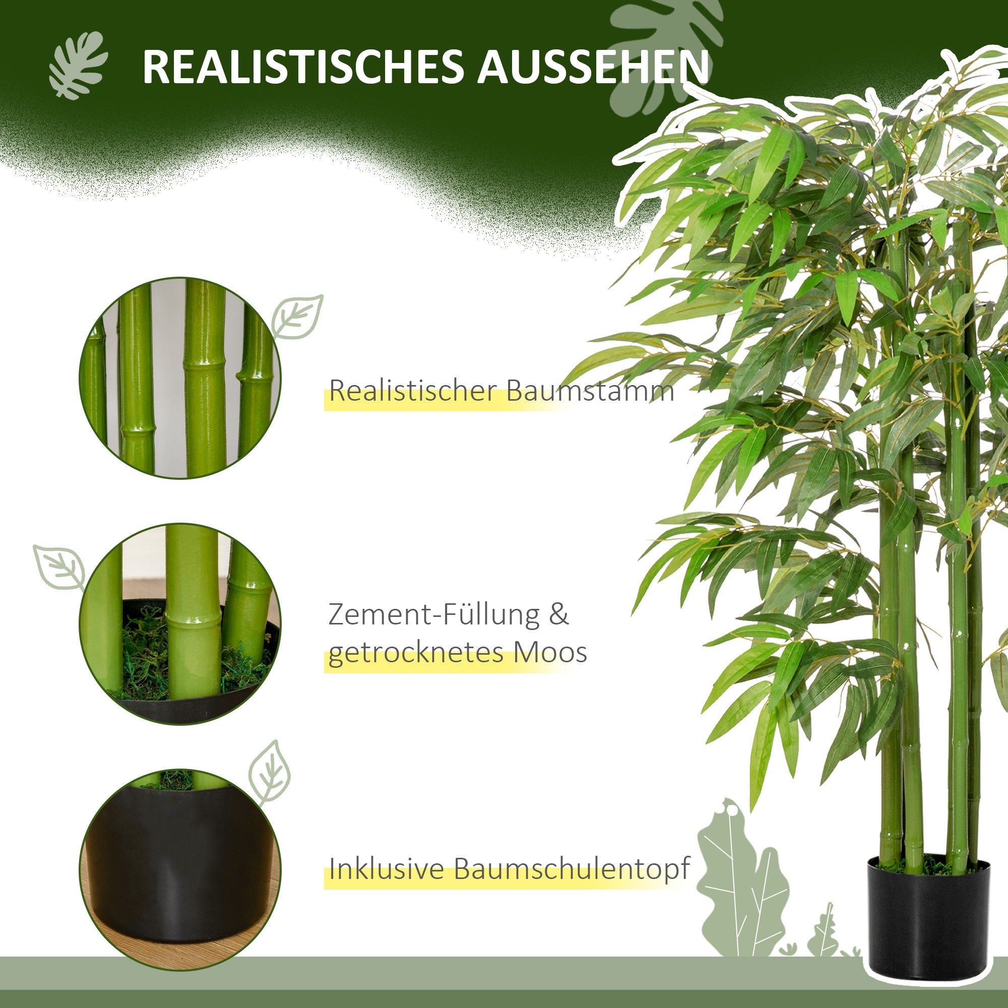 Eine Bambuspflanze mit grünen Blättern. Das Bild zeigt Nahaufnahmen von Bambus, Erde und einem schwarzen Topf.