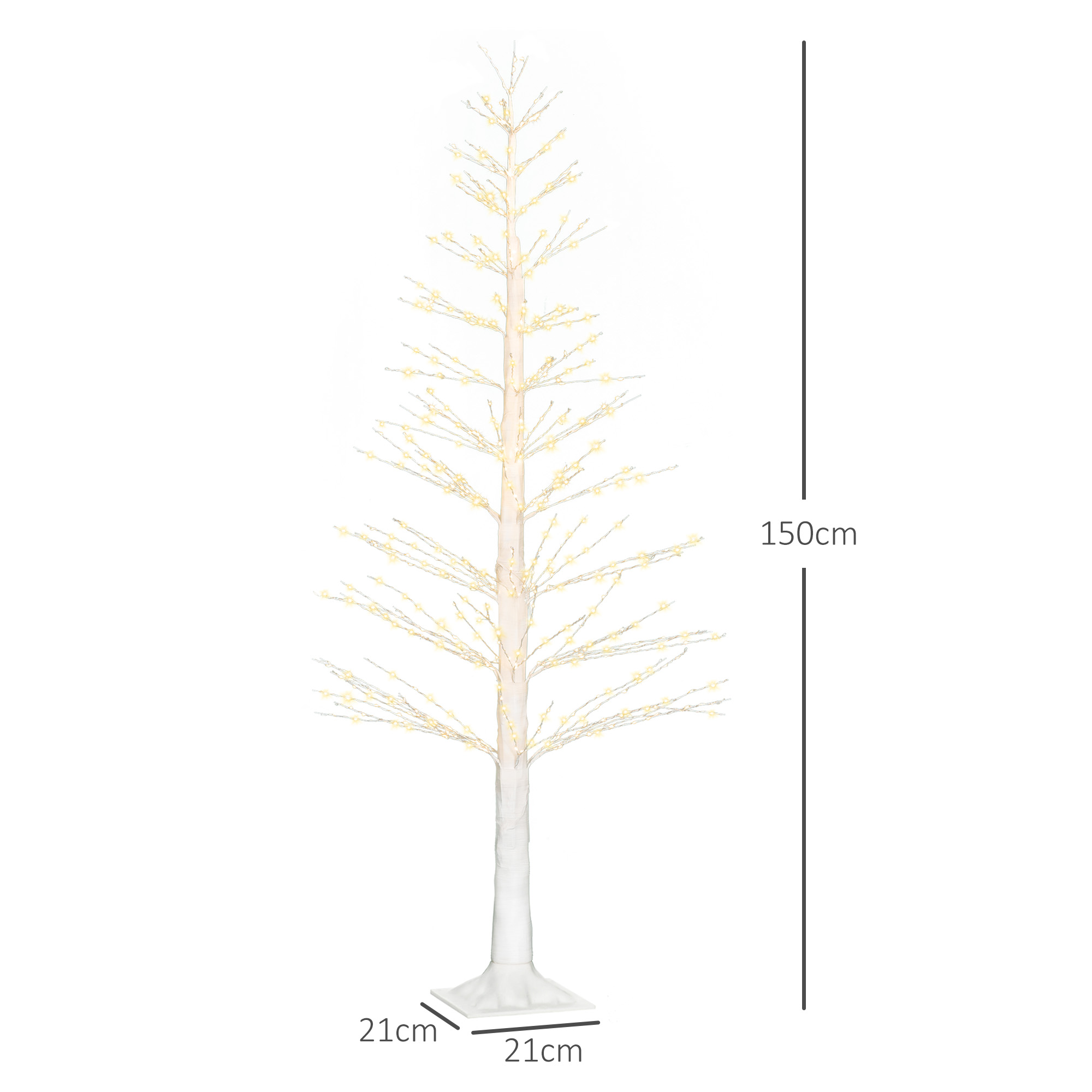 Ein weißer dekorativer Baum mit Lichtern. Abmessungen sind angegeben: 150 cm hoch, 21 cm Basisbreite.