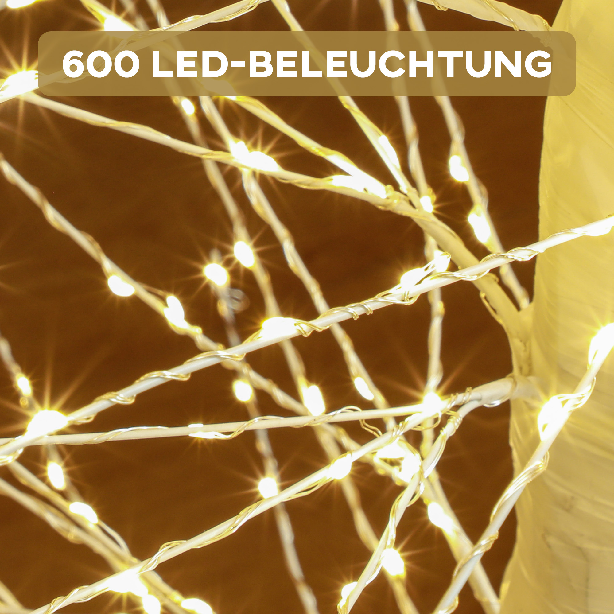 Nahaufnahme von LED-Leuchten an dünnen, weißen Ästen. Der Text oben lautet 600 LED-Beleuchtung (Beleuchtung).
