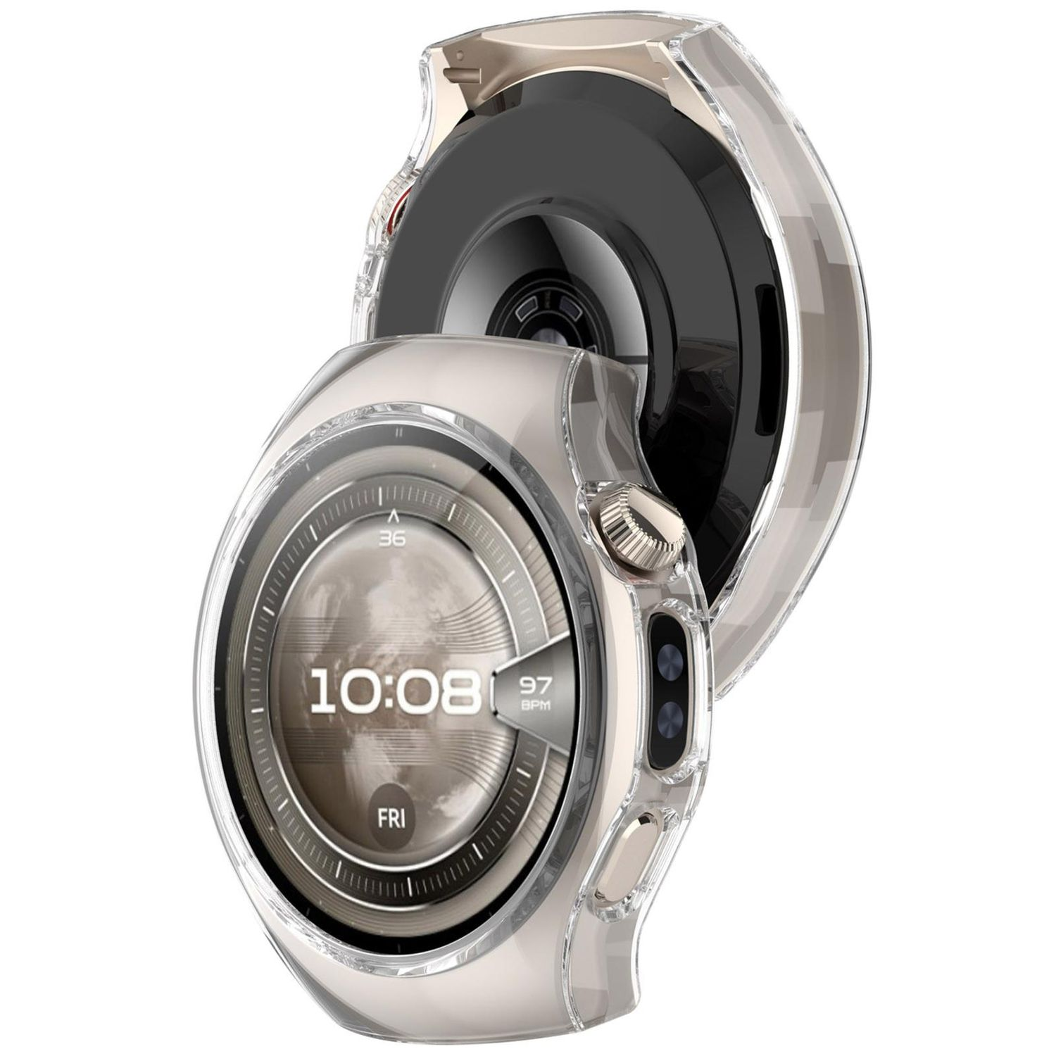 Eine Smartwatch mit einer transparenten Schutzhülle. Das Zifferblatt zeigt die Uhrzeit und andere Metriken an.